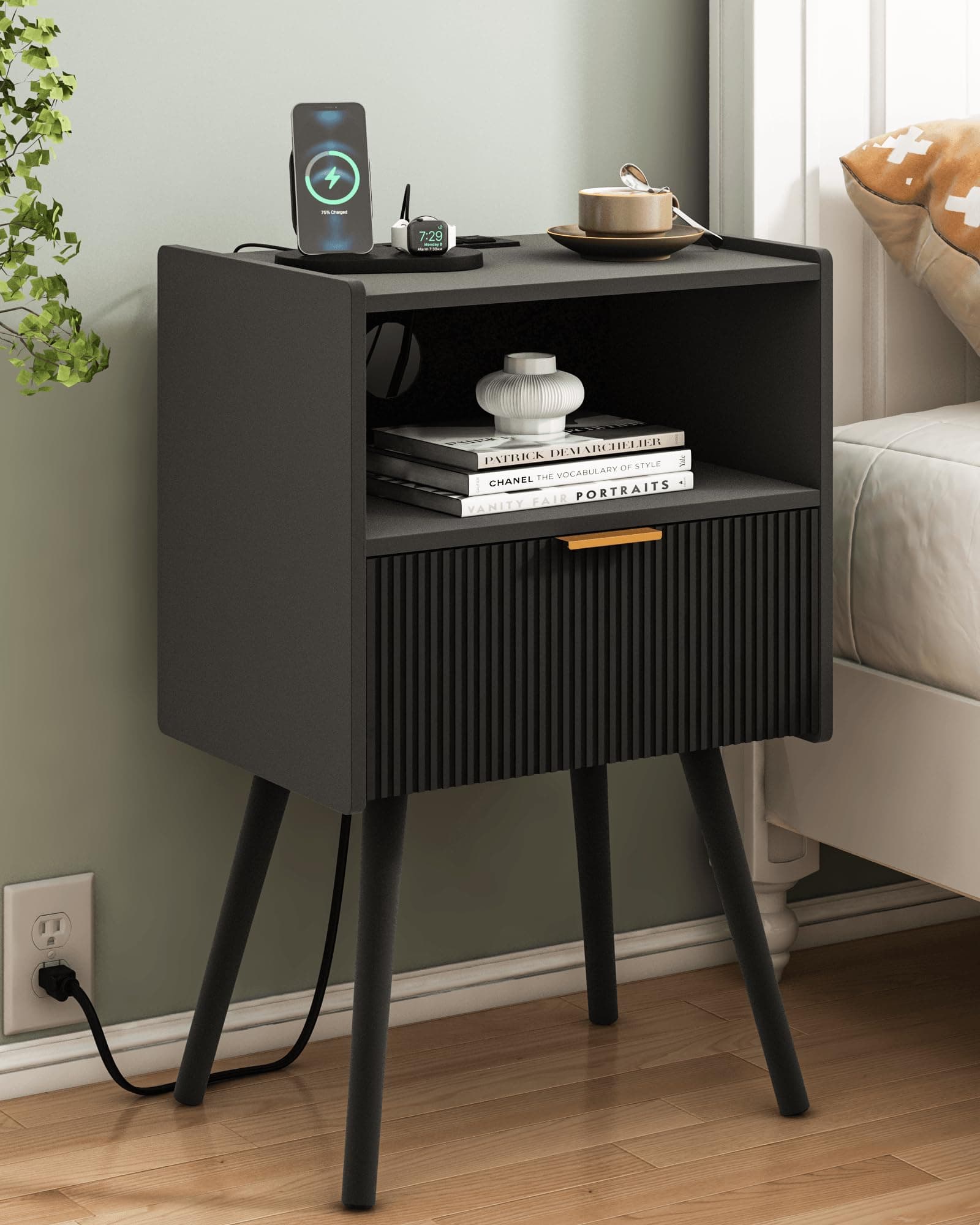 Black Modern Nightstand with Outlet and Storage, Solid Wood Legs, Easy Assembly