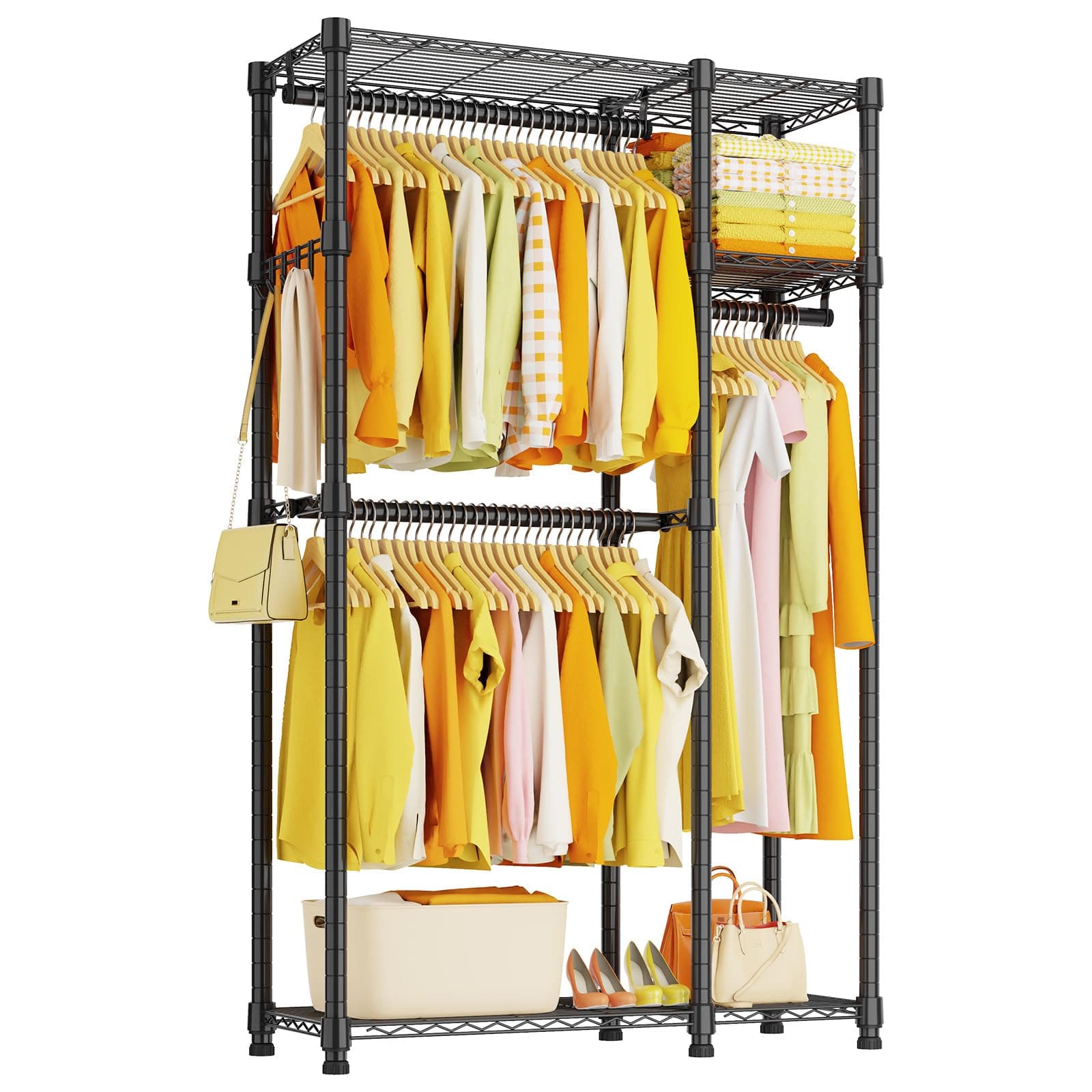 Durable Clothes Garment Rack for Heavy Items: Portable Closet Organizer with Shelves and Double Rods