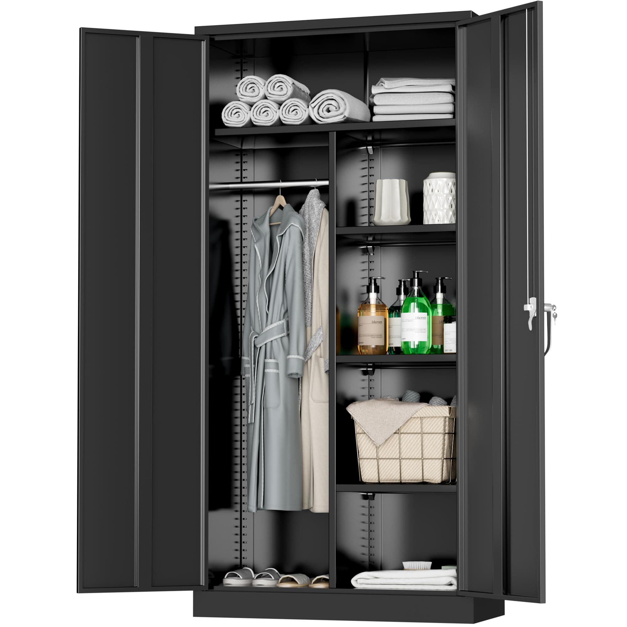 Greenvelly Black Metal Wardrobe Closet with Doors & Shelves
