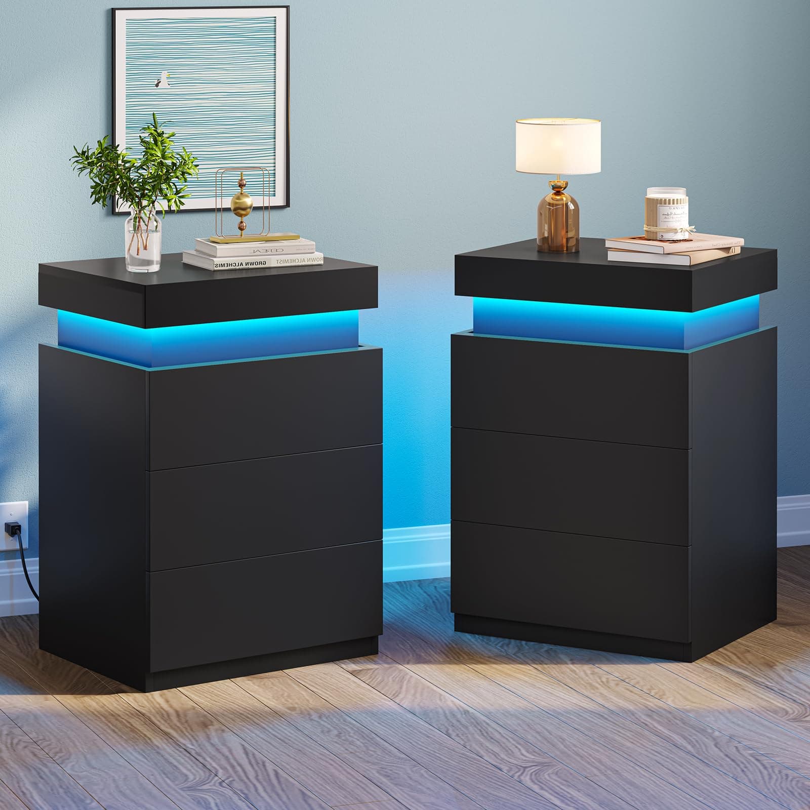 Modern Black Nightstand Set with Charging Station & Drawers