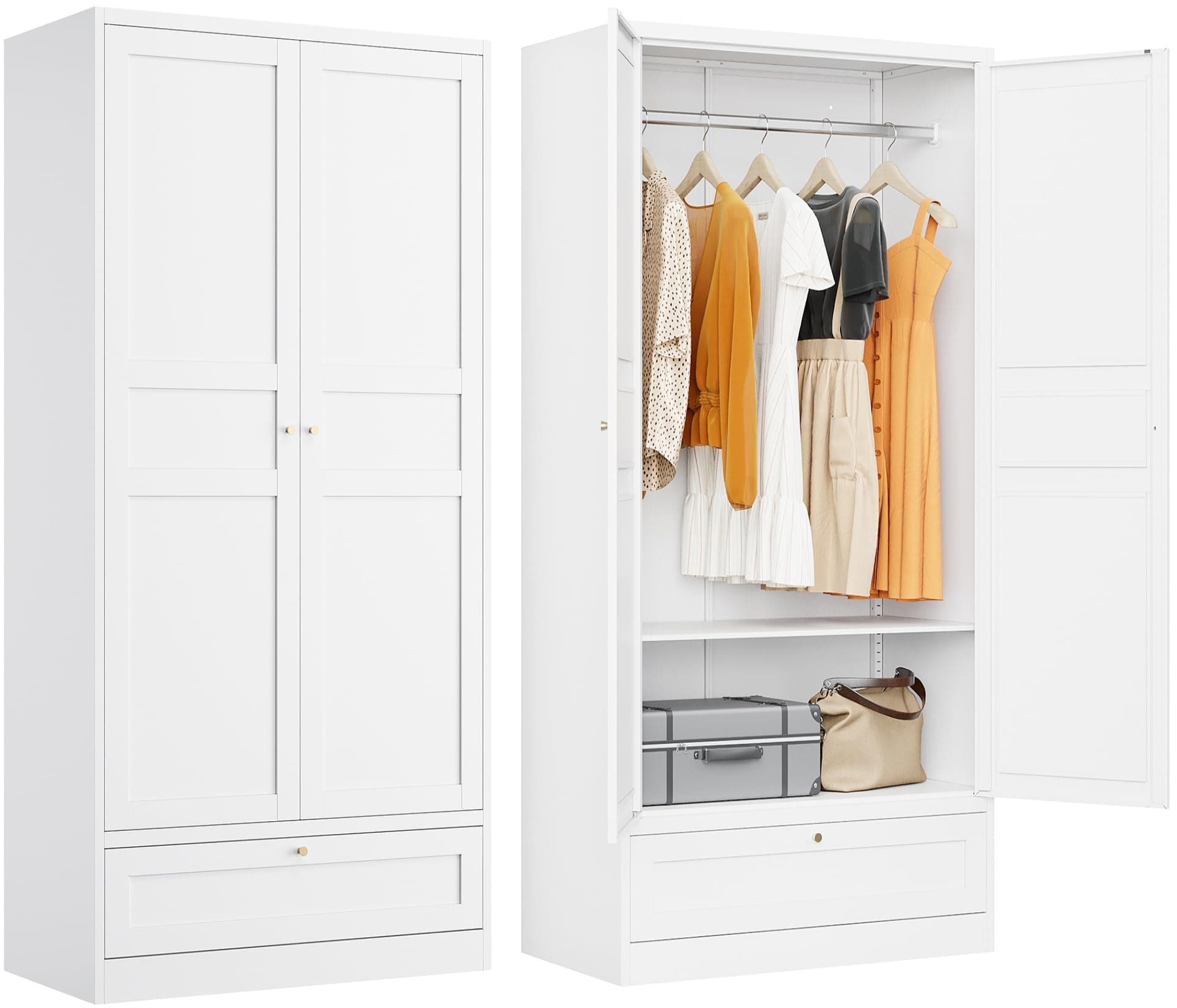 White Metal Armoire Wardrobe with Drawer & Rod, Adjustable Shelves