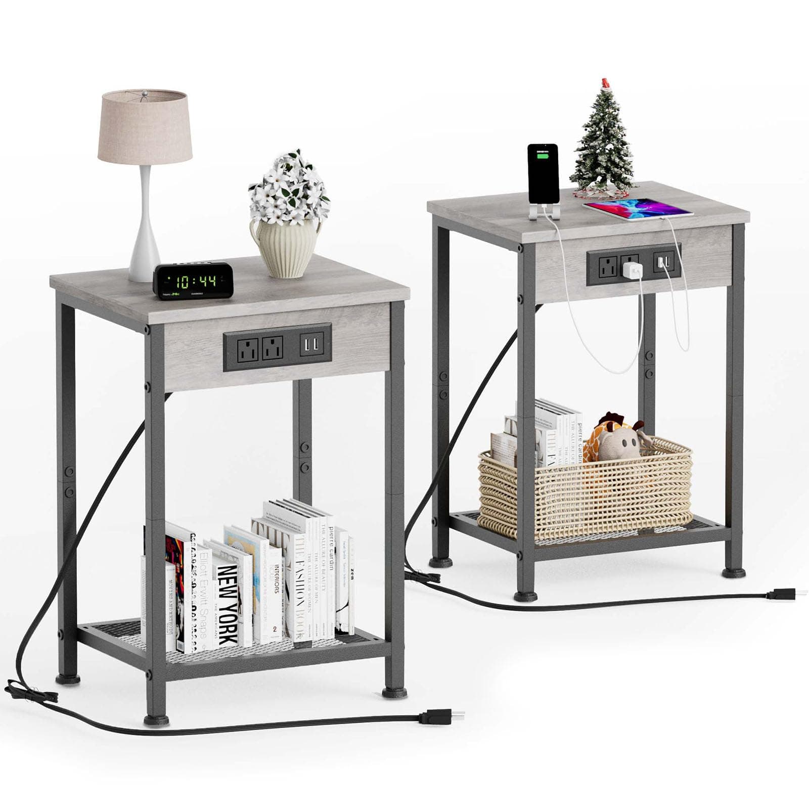 Fixwal End Table Set of 2 with Charging Station (Light Walnut Gray)