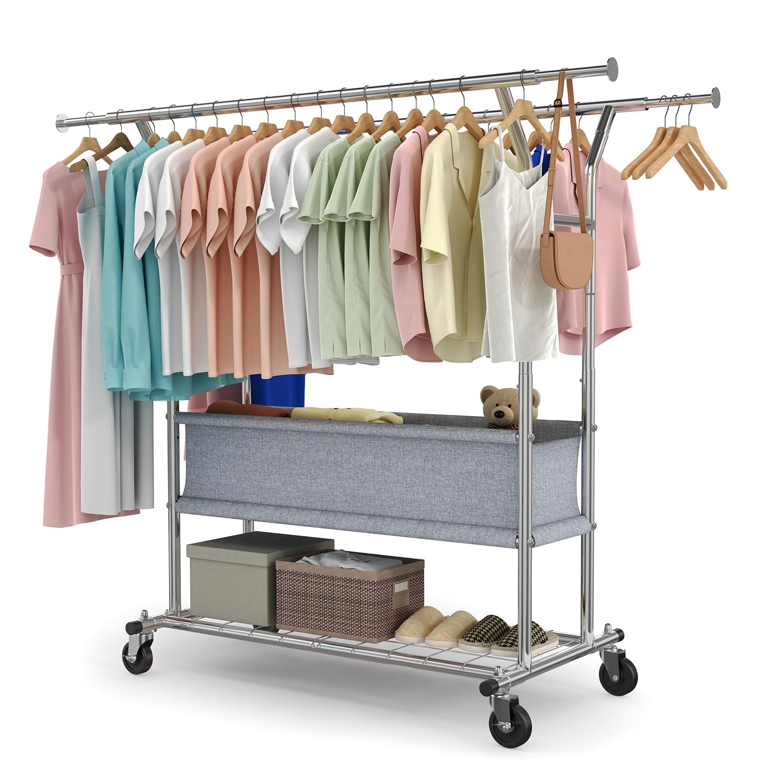 HOKEEPER Heavy Duty Clothing Rack 625LBS Load Adjustable with Wheels & Shelves