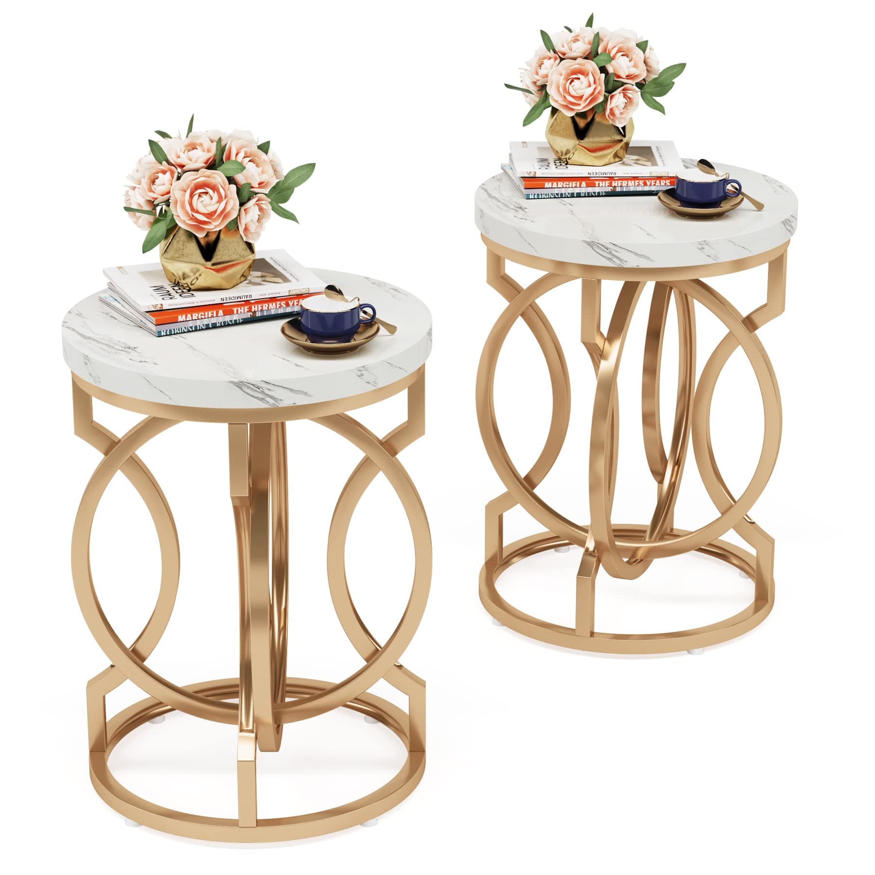Tribesigns White + Gold O-Shaped Metal Base Round End Table Set of 2