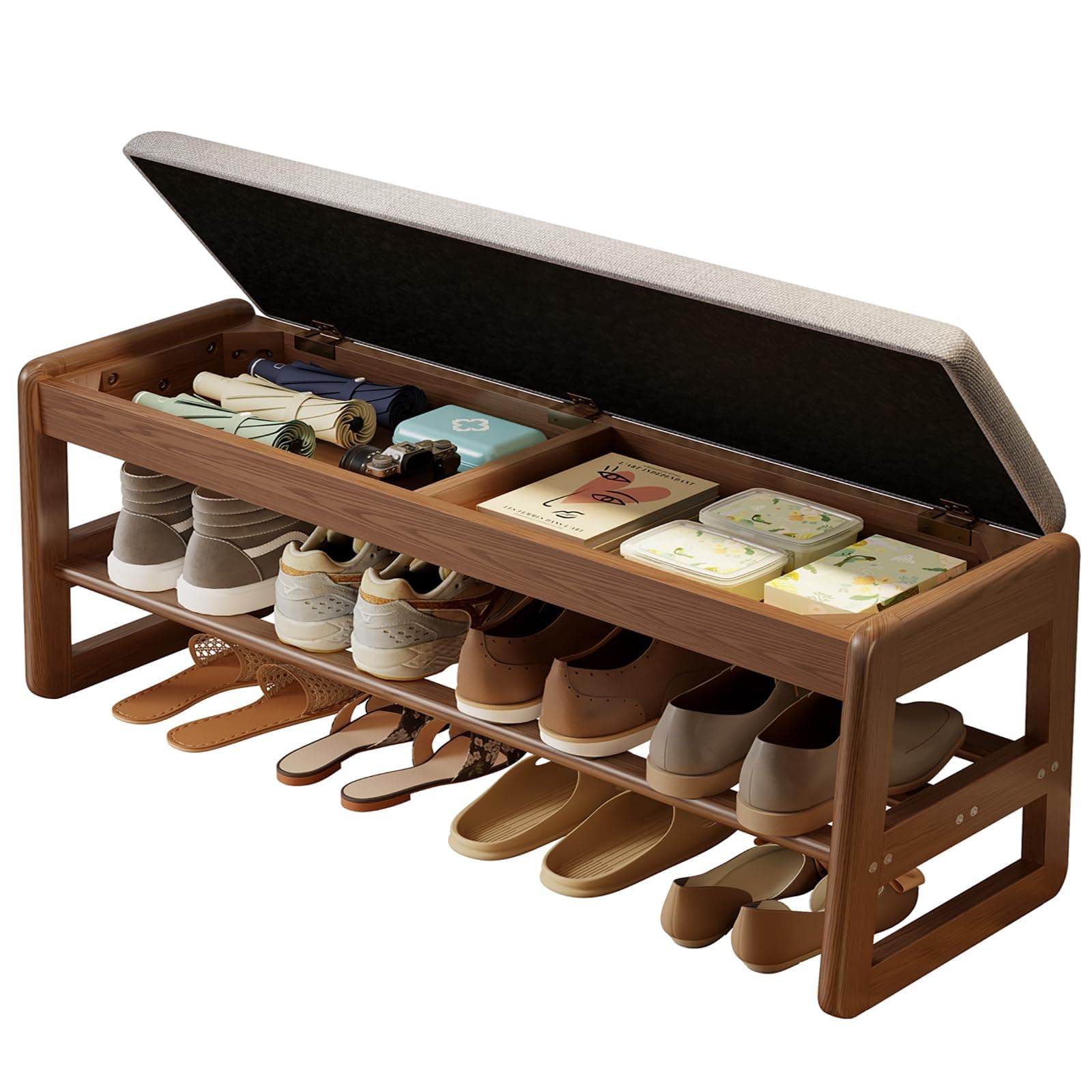 Walnut Wood 2-Tier Shoe Bench with Flip-Top Storage for Entryway