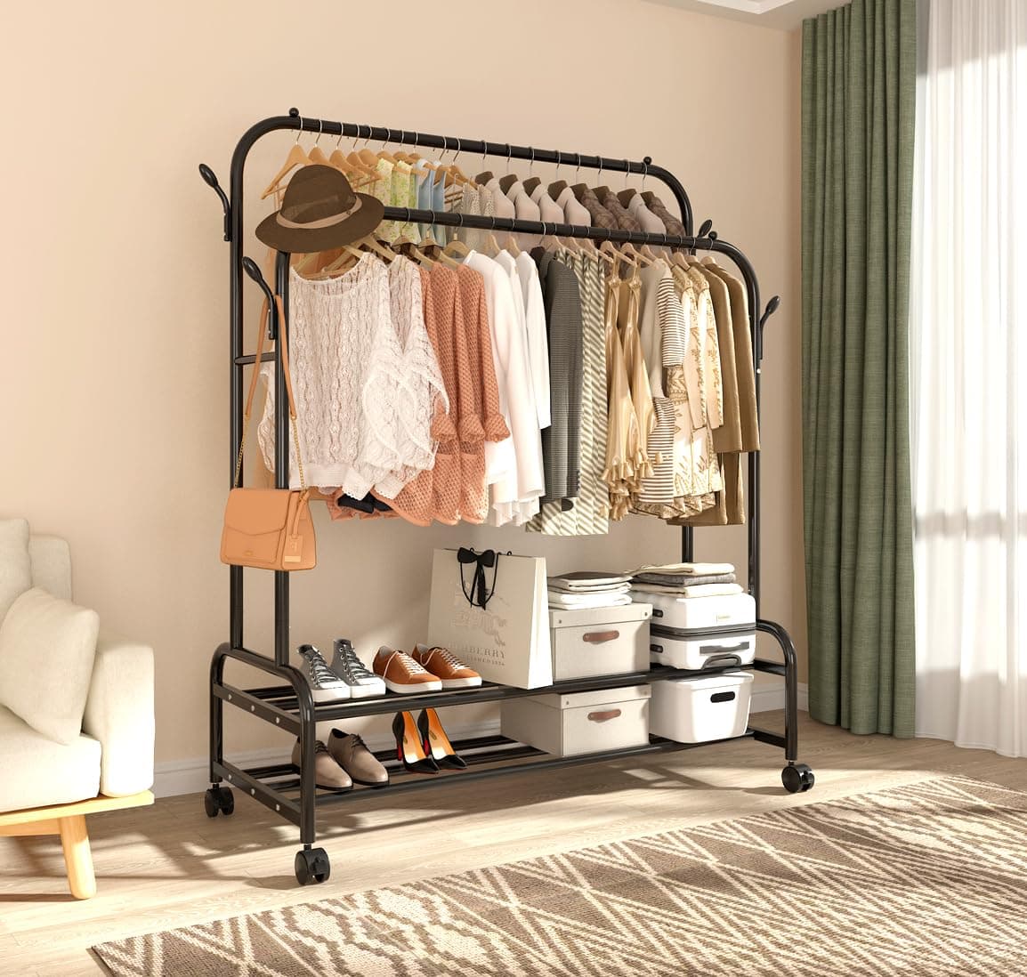 Sturdy Metal Double Rodding Clothes Rack with Wheels & Shelves, Black