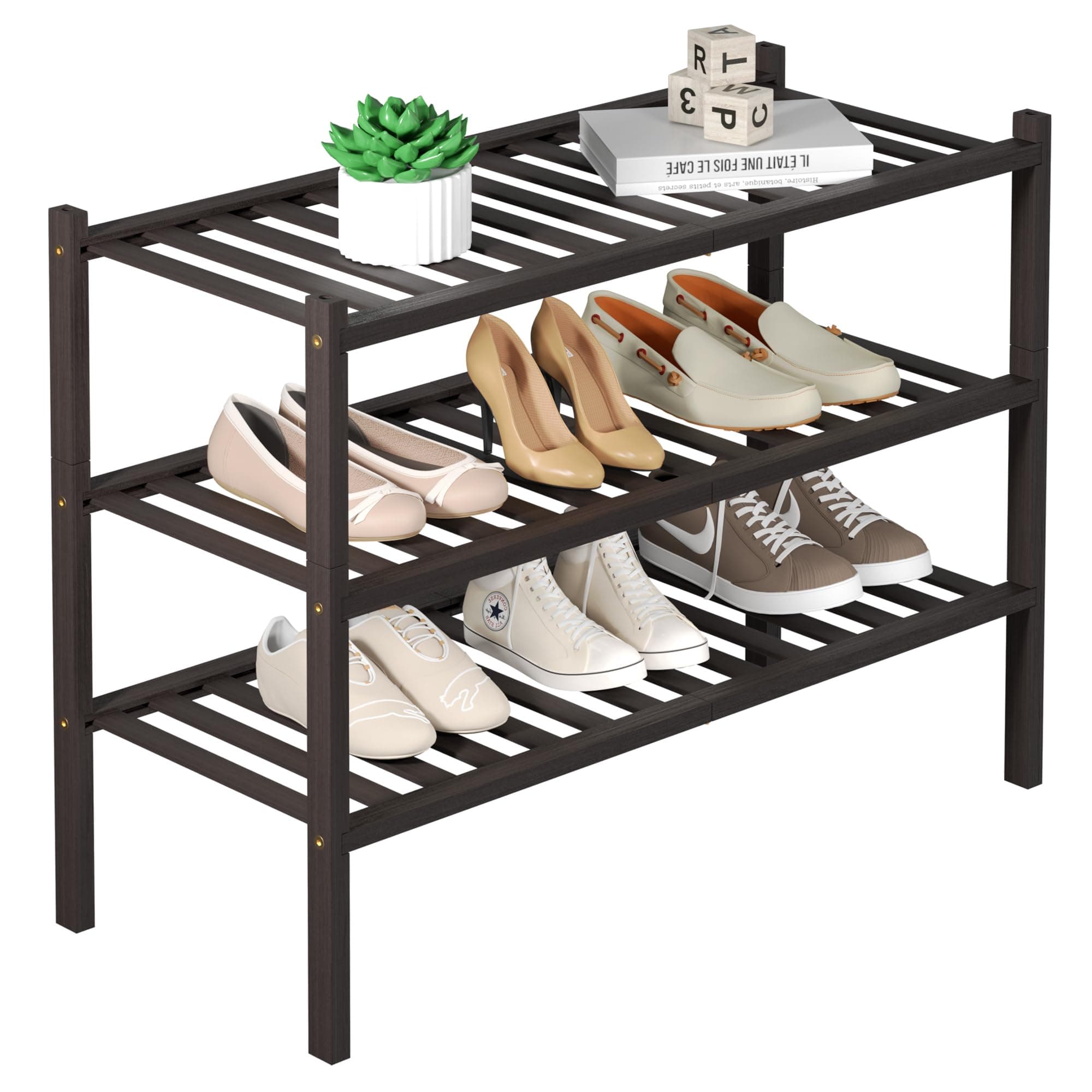Bamboo 3-Tier Shoe Rack for Small Spaces (Brown)