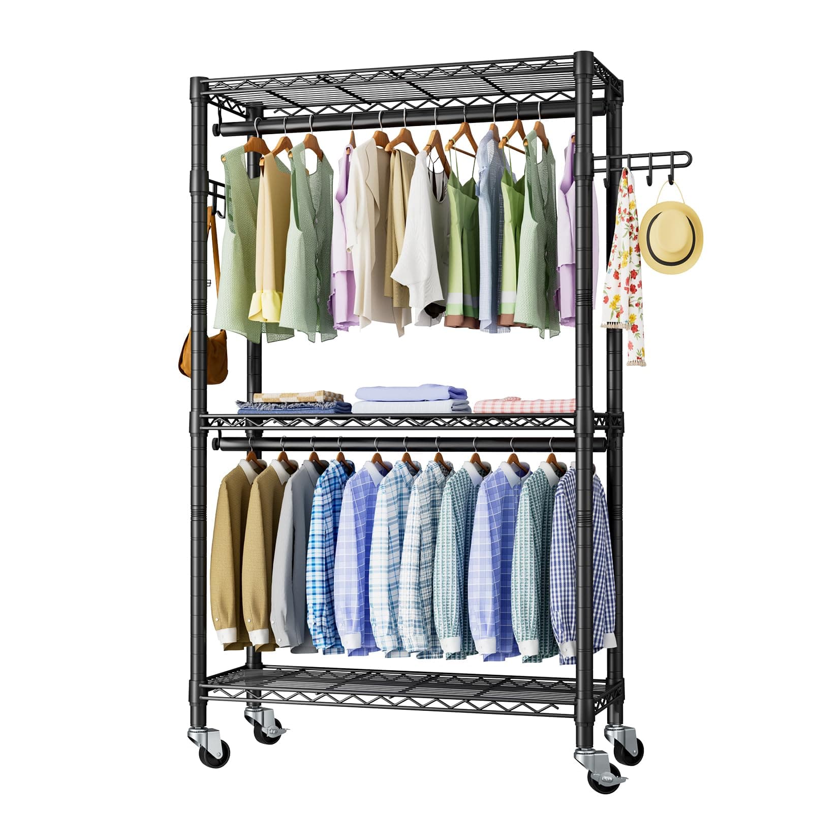 3-Tier Heavy Duty Wire Clothes Rack with Double Rods & Hooks, Freestanding Storage Wardrobe