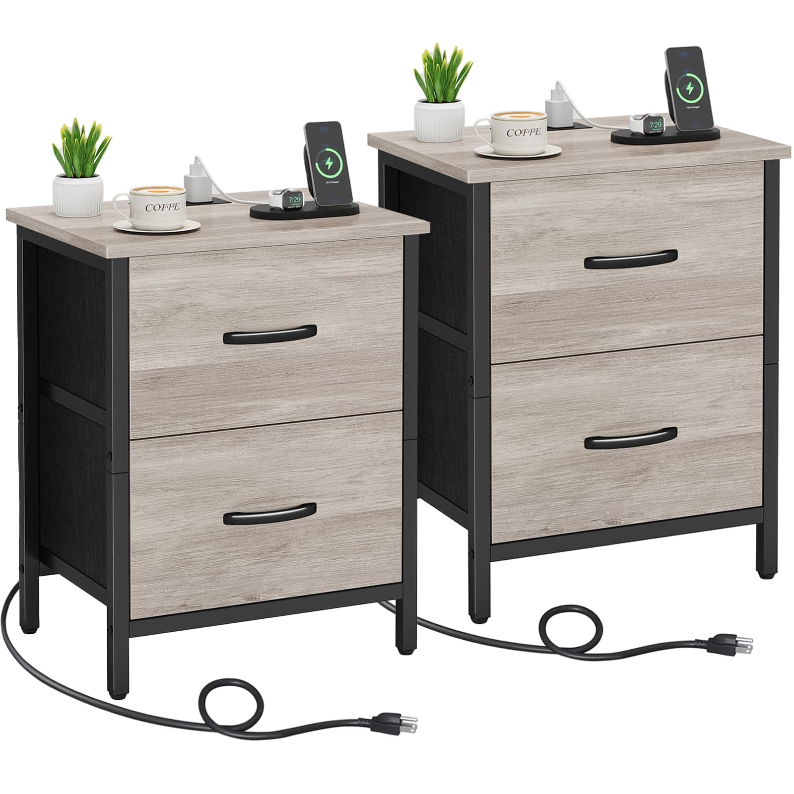Vagusicc Greige Nightstand Set of 2 with Charging Station