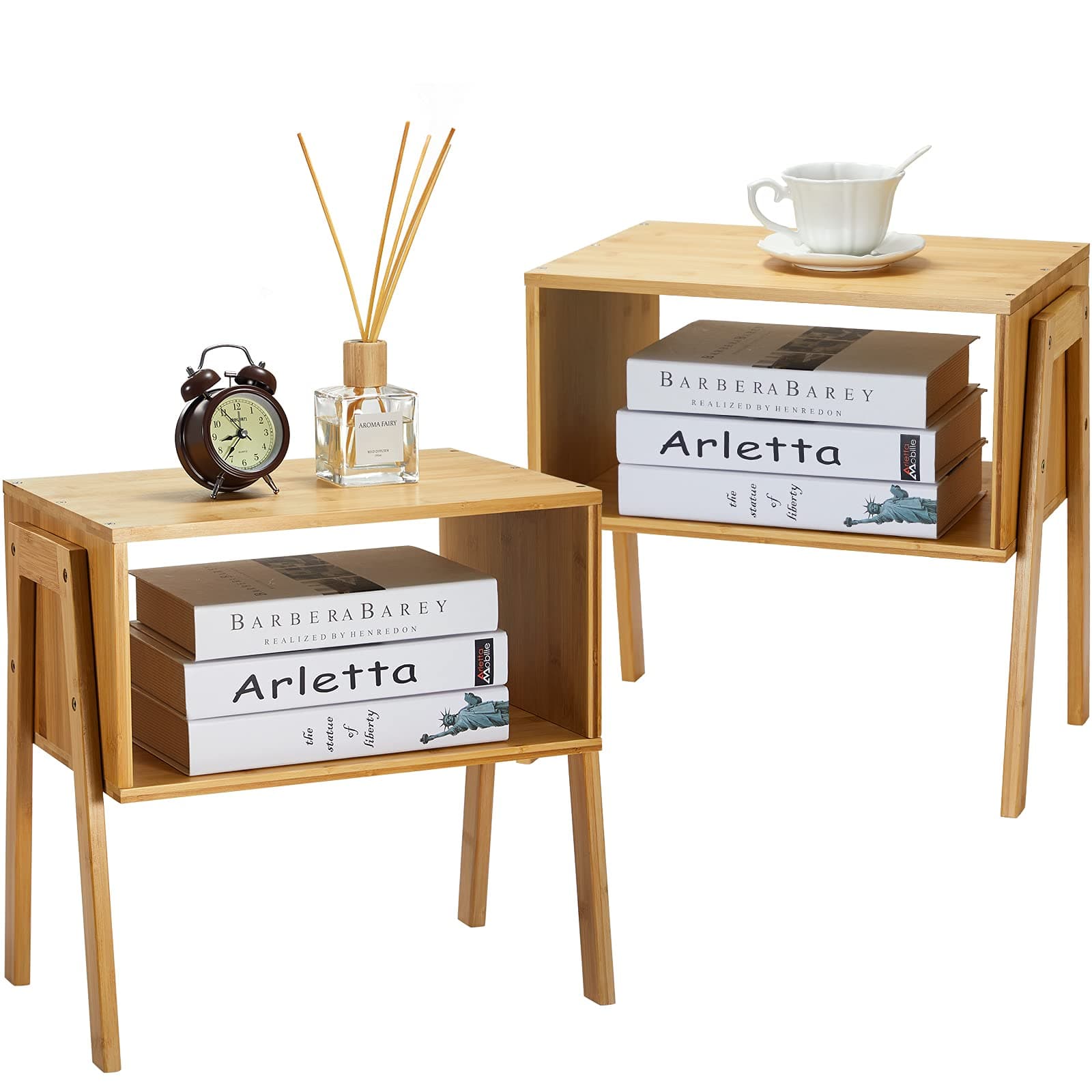 Bamboo Stackable End Tables, Pipishell Living Room Nightstand Set of 2