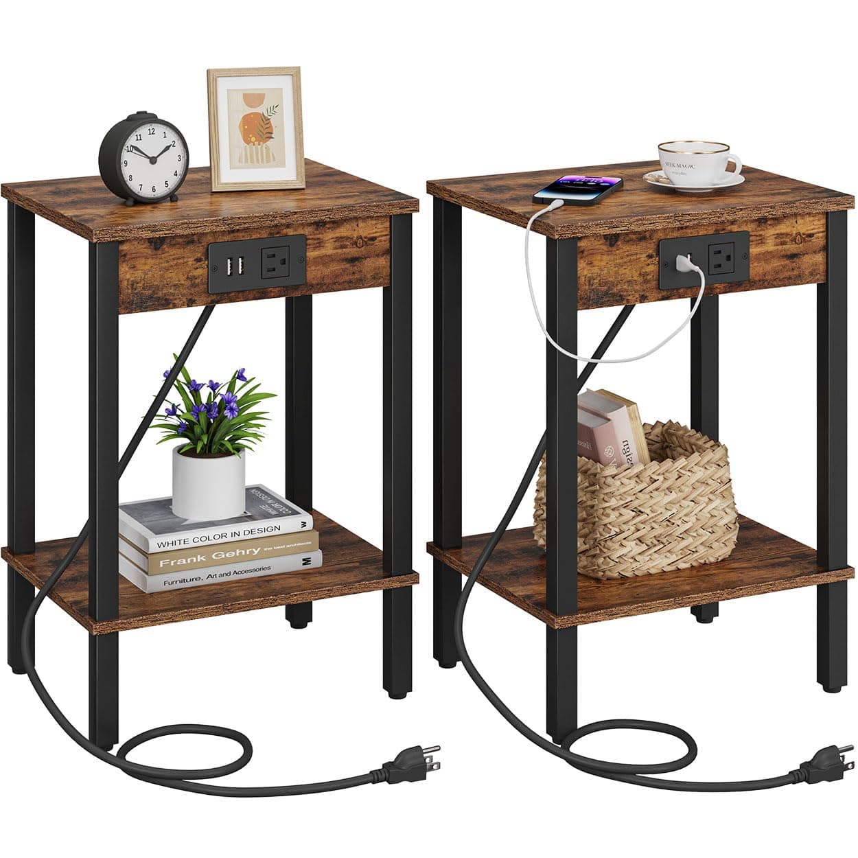2-Piece End Table Set with Charging Station for Small Spaces