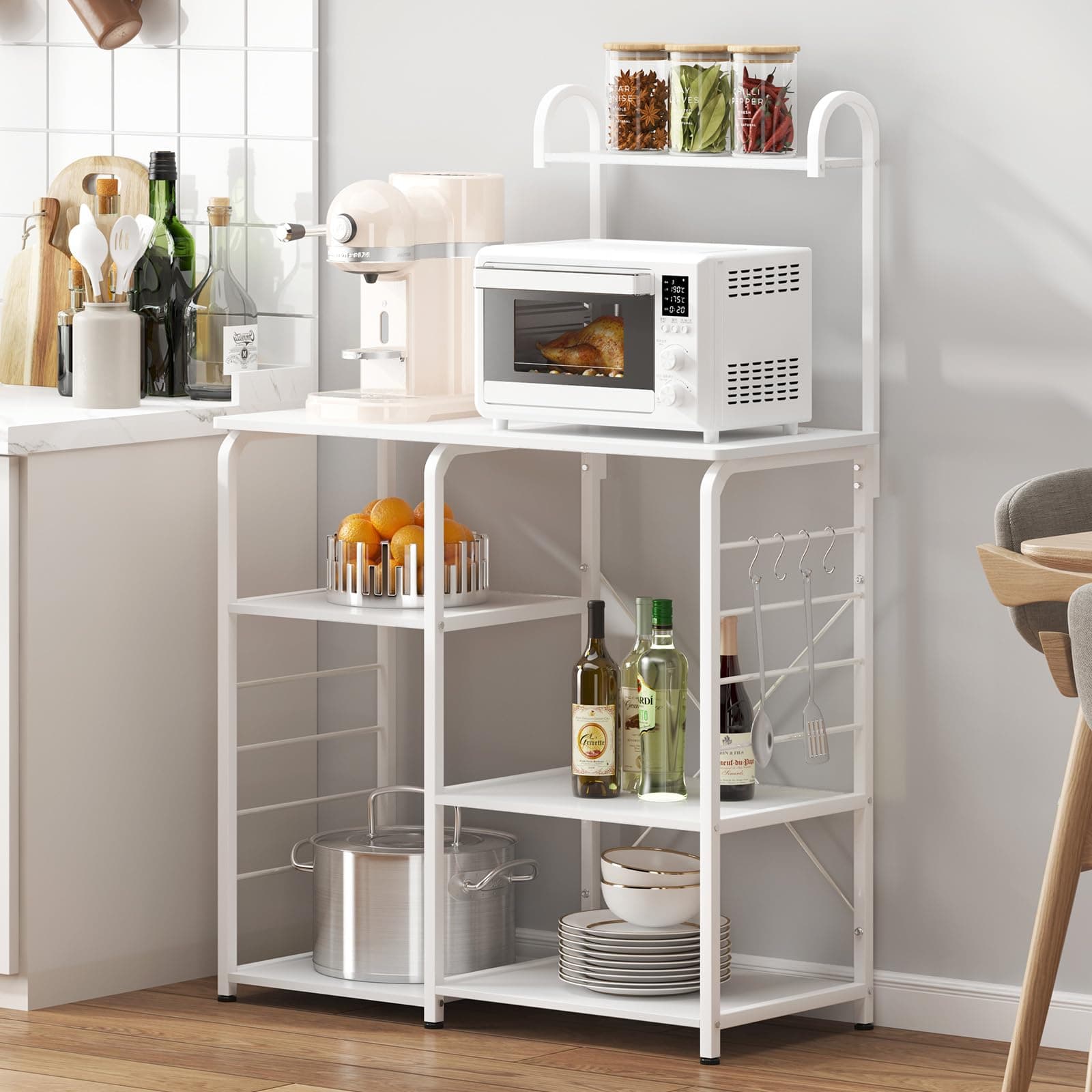 Microwave Stand Kitchen Cart with 3-Tierx4-Tier Storage Shelf, White Color