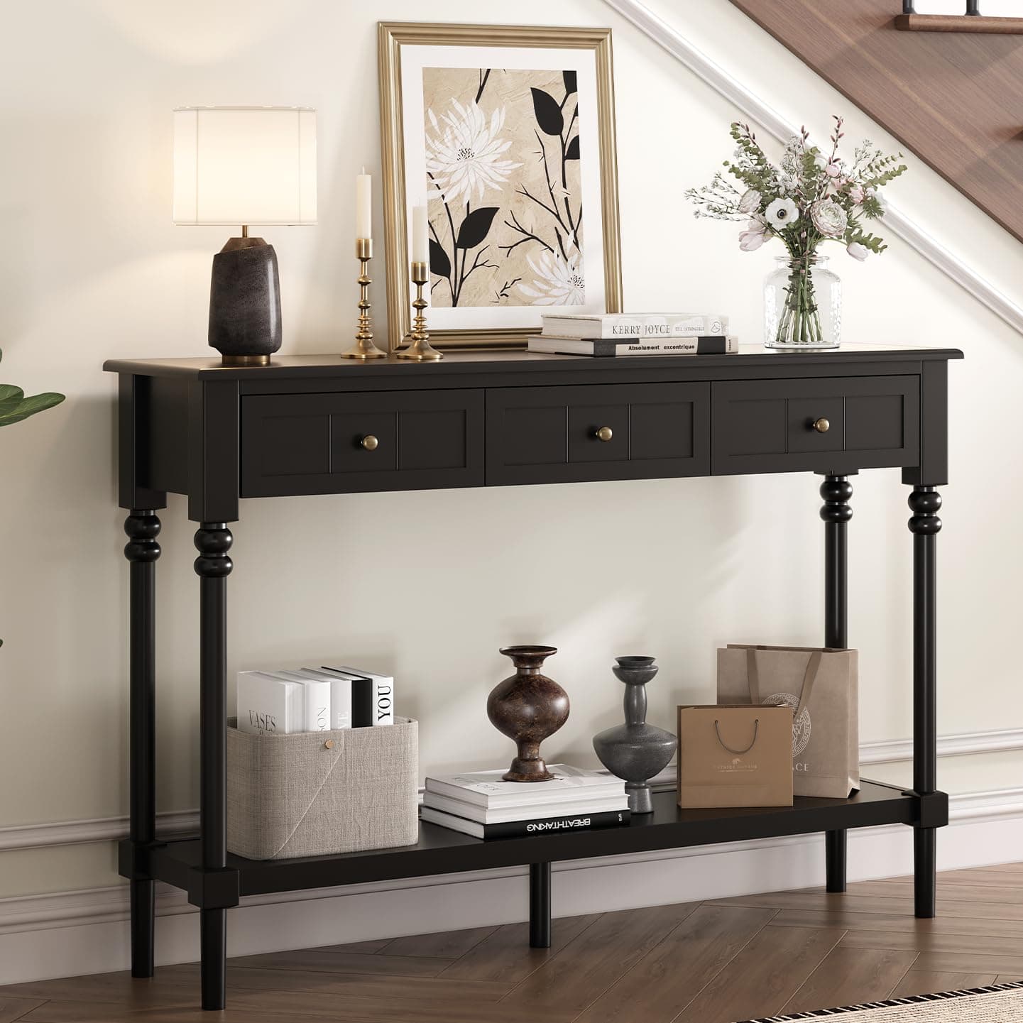47" Entryway Table with Drawers & Shelf, Black Wood Console