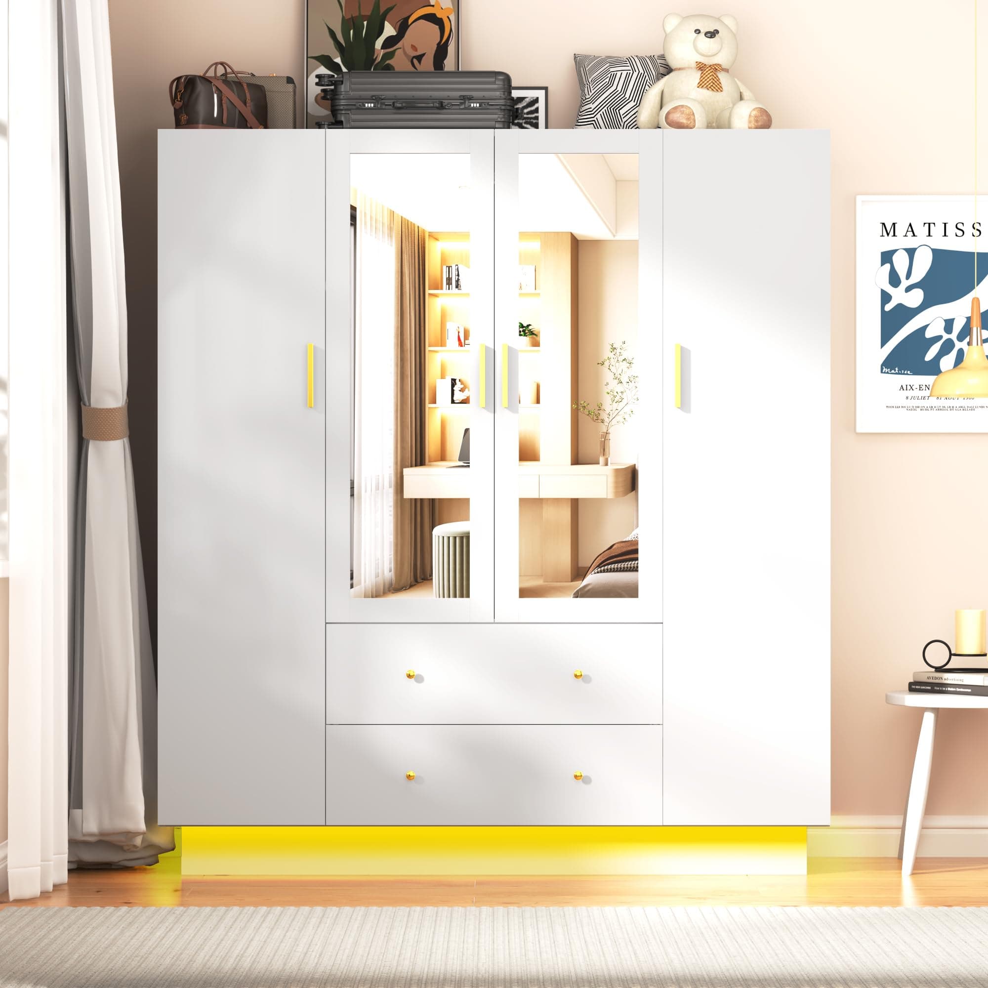 White 4 Door Armoire Wardrobe with LED Mirror and Storage