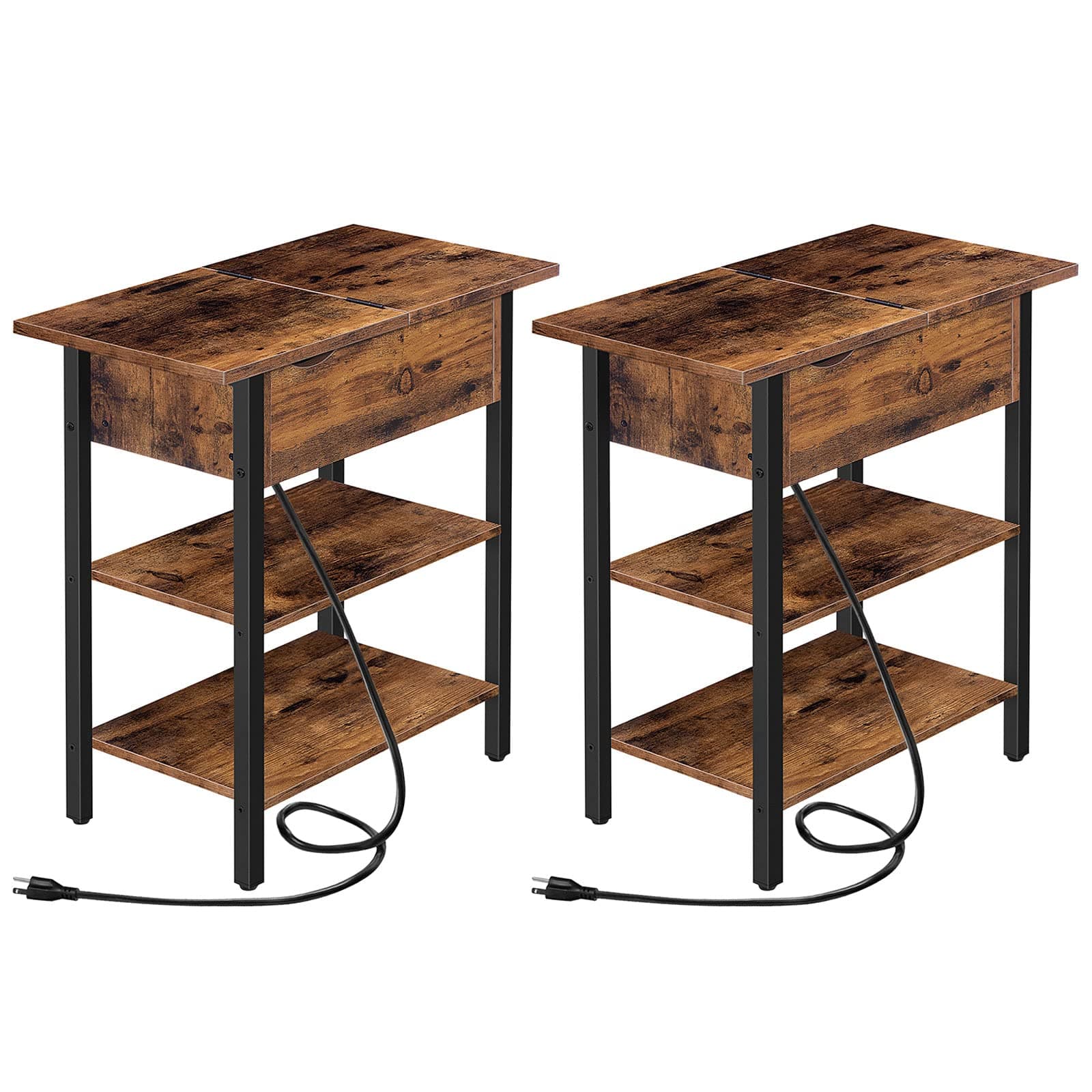 HOOBRO Flip Top Nightstand with Charging Station, Rustic Brown BF341BZP