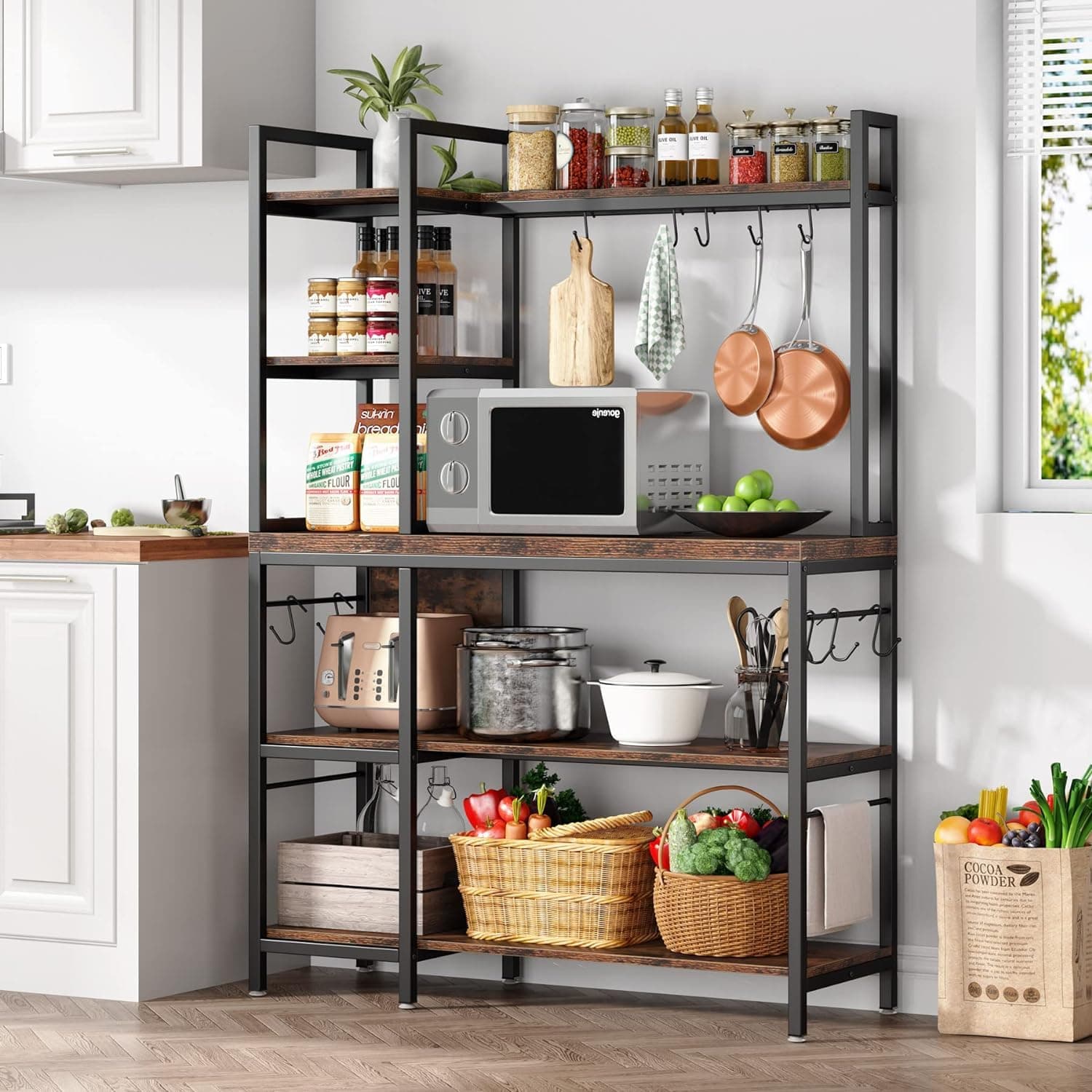 Tribesigns 43" Wide Bakers Rack with 5-Tier Shelves & 10 Hooks, Black Brown