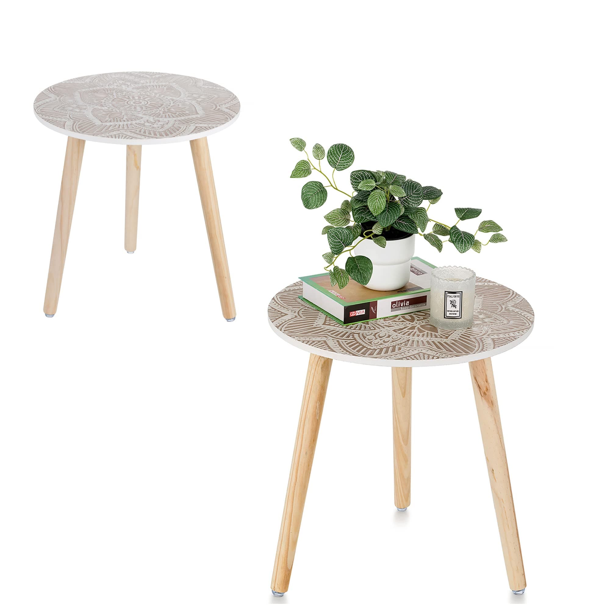 Hanobe Boho White Washed Side Table Set of 2 for Living Room and Bedroom