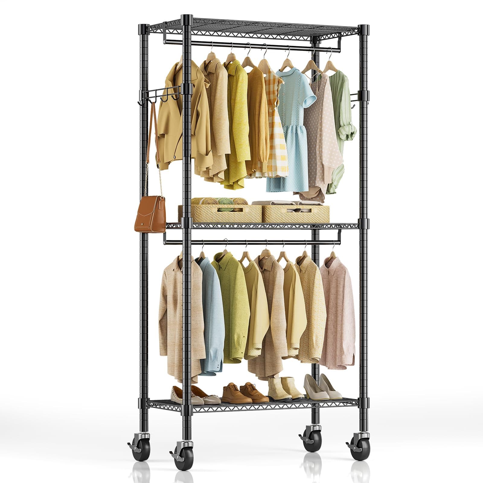 Heavy Duty Rolling Clothes Rack, 3-Shelf Black, 29.5" W x 75.6" H