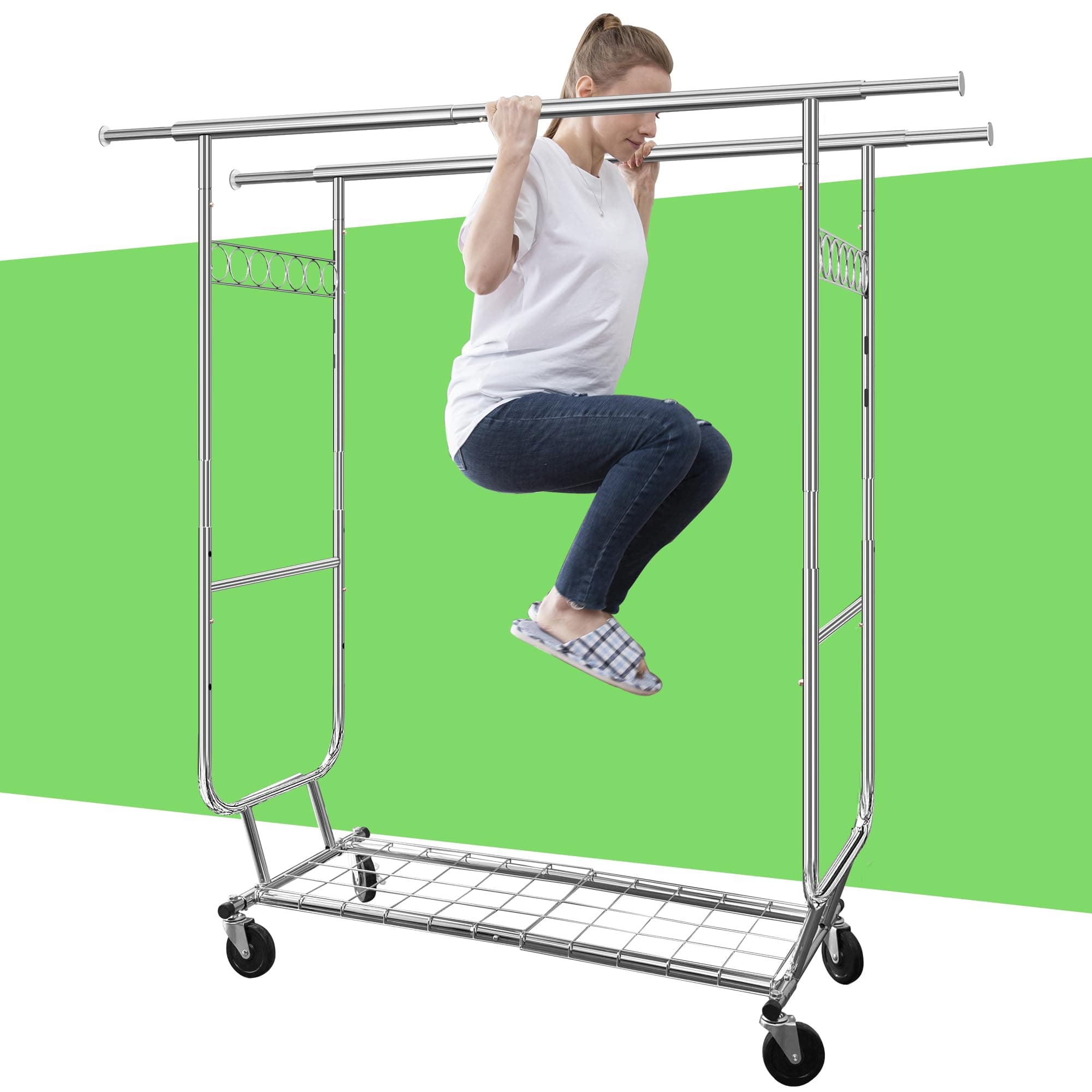 Heavy Duty Clothing Rack with Wheels, 600lbs Double Rod