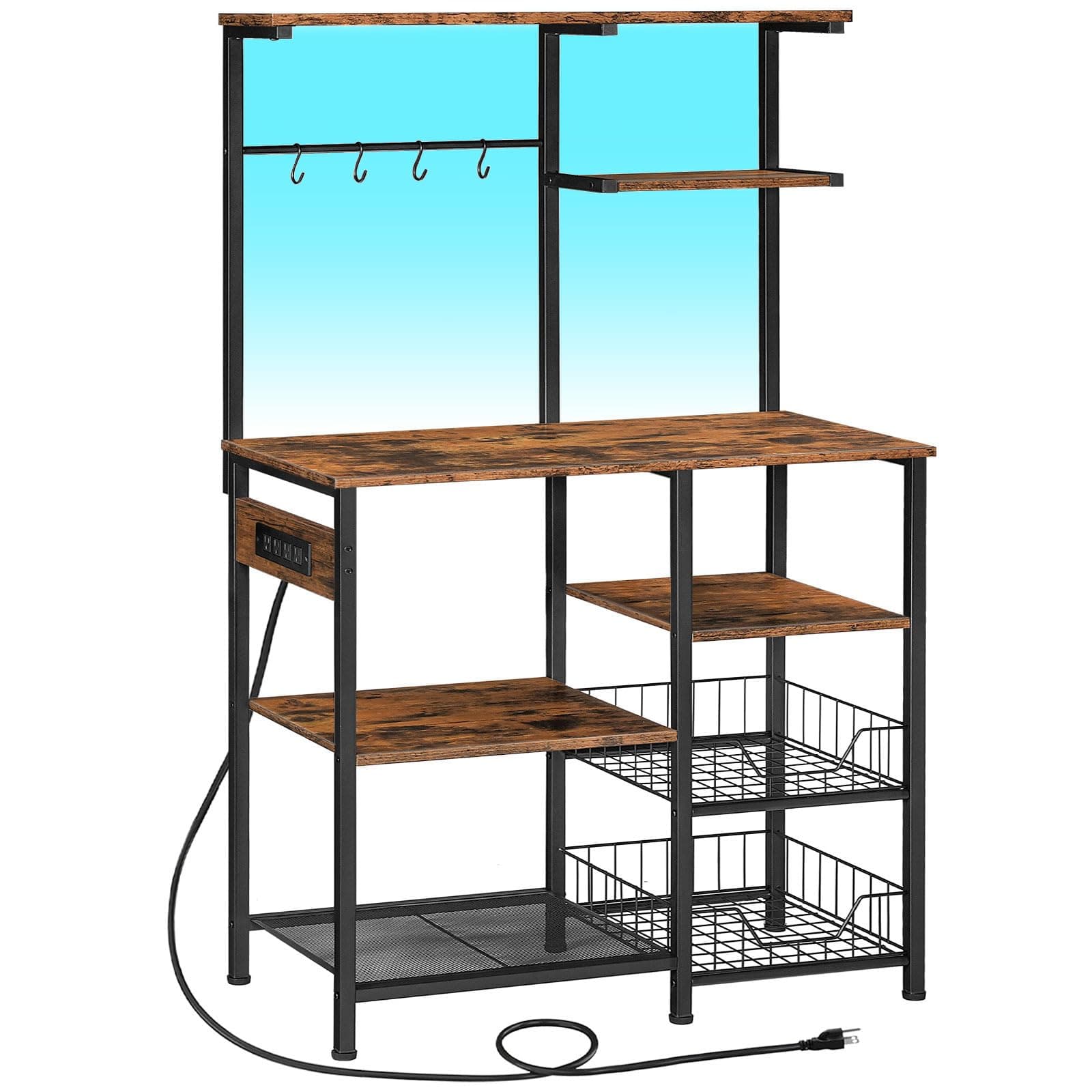 HOOBRO 6-Tier Bakers Rack with Power Outlet & LED Light, Rustic Brown & Black BF64UDHB01