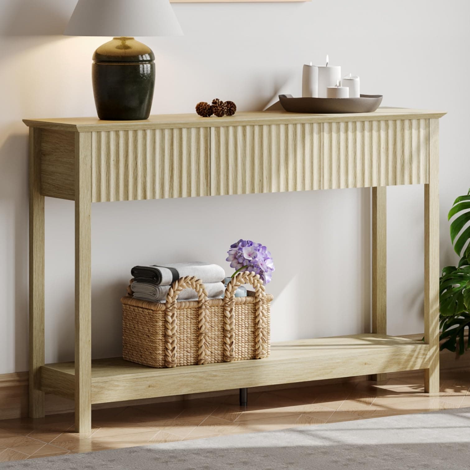 Treocho 47" Fluted Console Table with 3 Drawers, Oak Storage Foyer Table for Entryway, Living Room