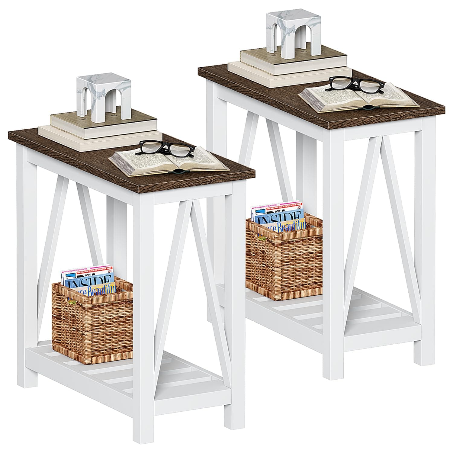 ChooChoo Farmhouse End Table Set of 2, Rustic White Storage Shelf for Living Room, Bedroom