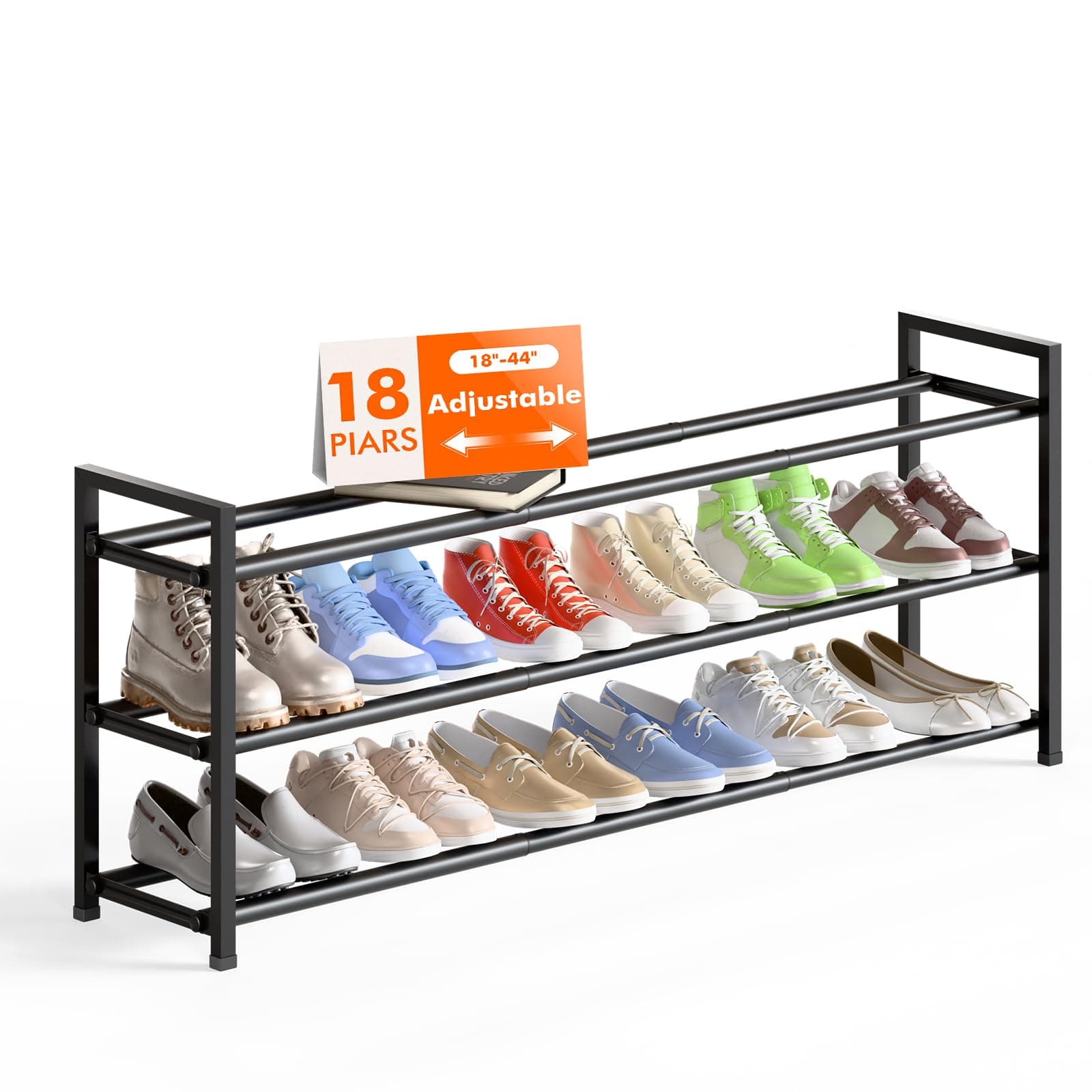 Sturdy Bumusty 3-Tier Expandable Shoe Rack, 15-18 Pair Organizer, 18"-44" Adjustment, Black