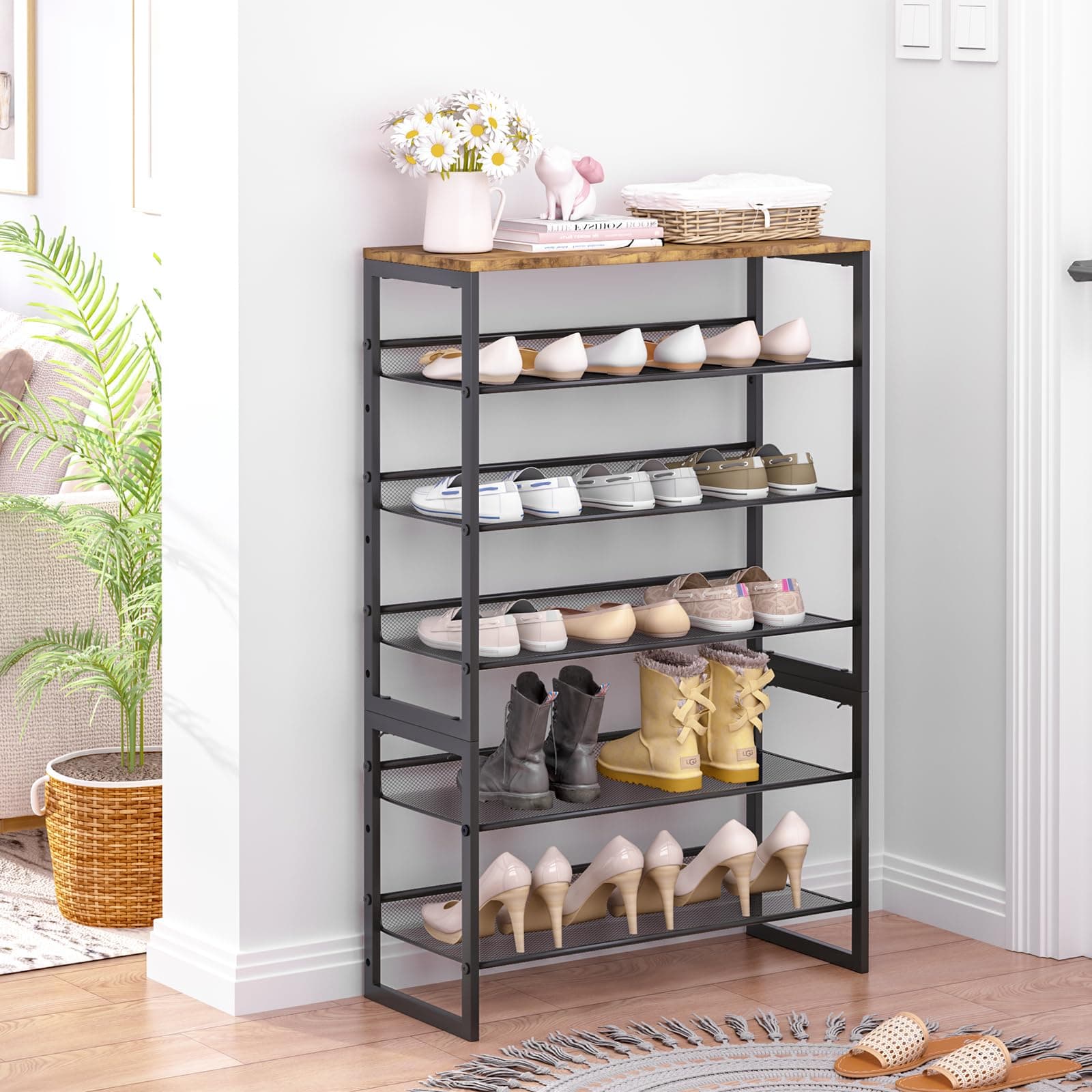 Garden 4 You 6-Tier Shoe Storage Rack, Brown Wooden Top, Large Capacity