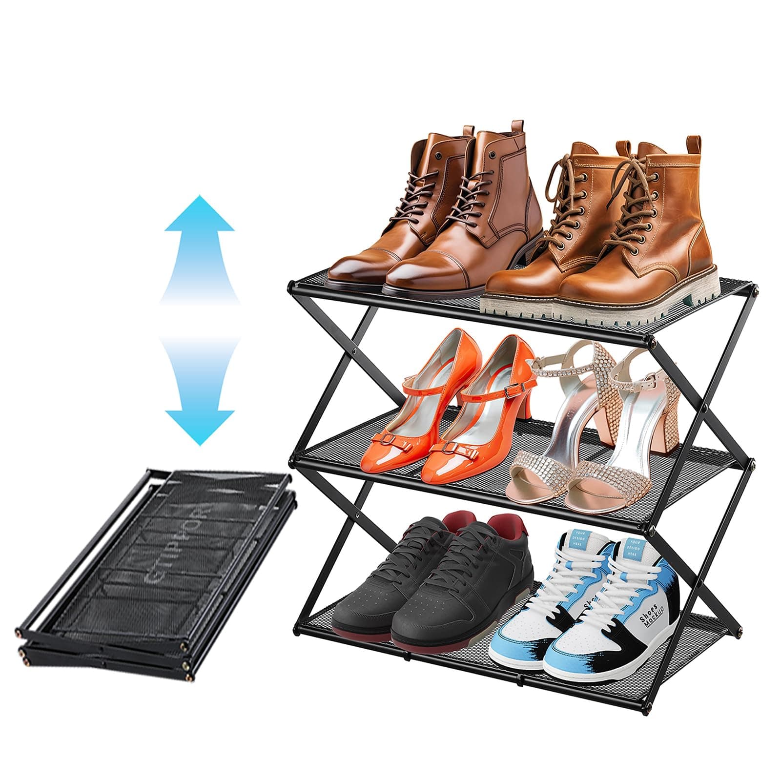3-Tier Metal Foldable Shoe Organizer - Space Saving & Sturdy, Black