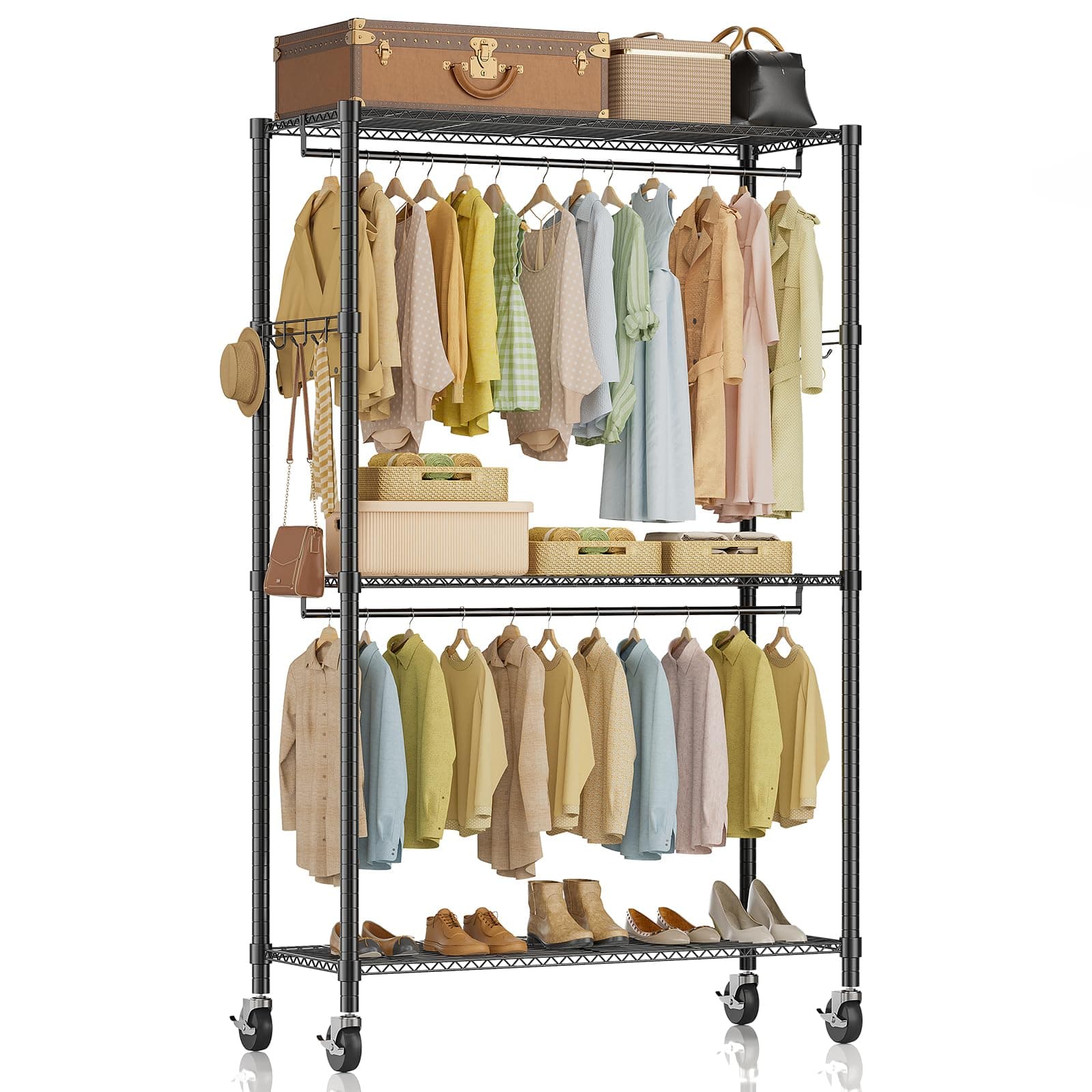 Heavy Duty 3-Shelf Rolling Clothes Rack, Black