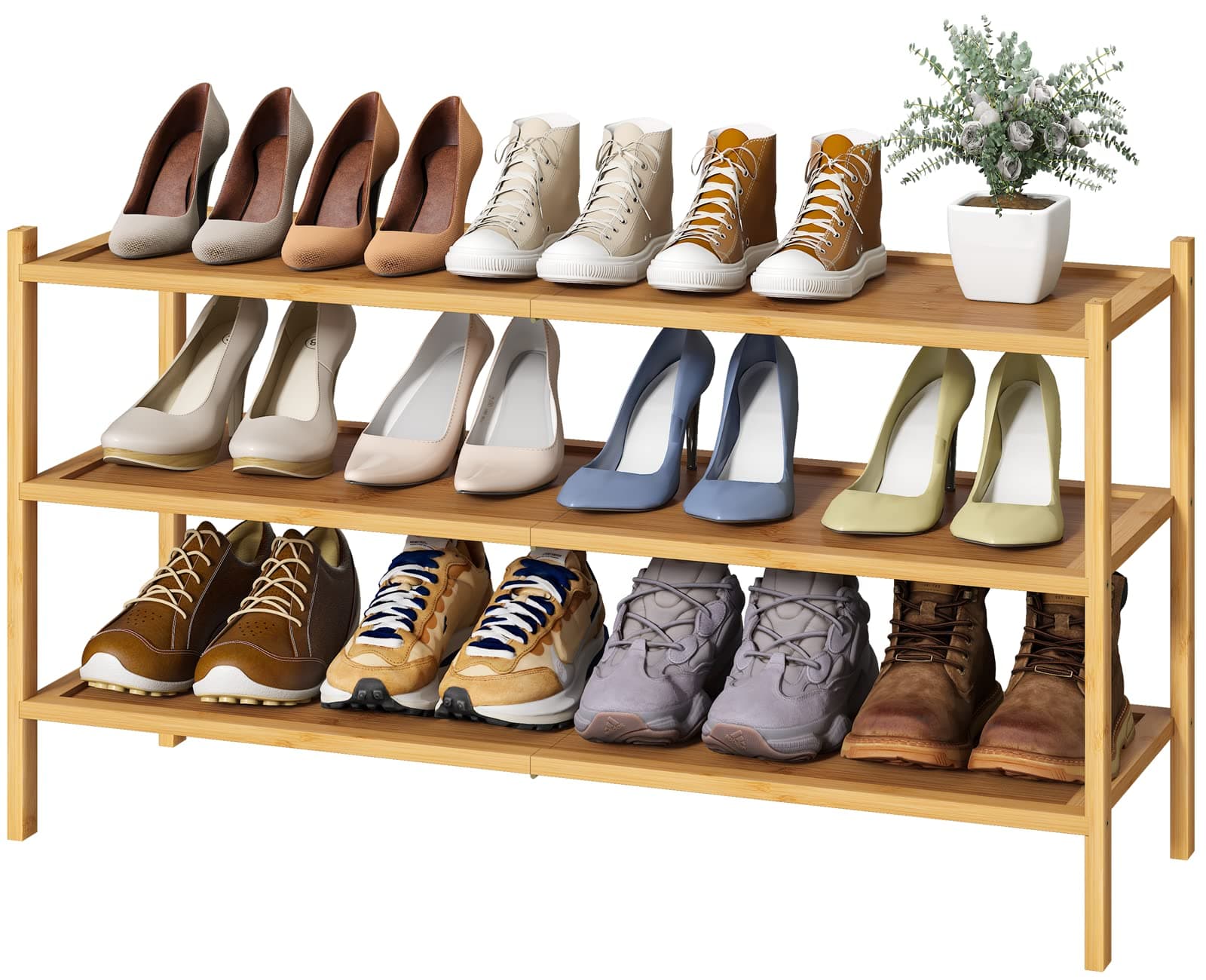 Bamboo 3-Tier Long Shoe Rack for Entryway | Foldable & Stackable Shoe Organizer