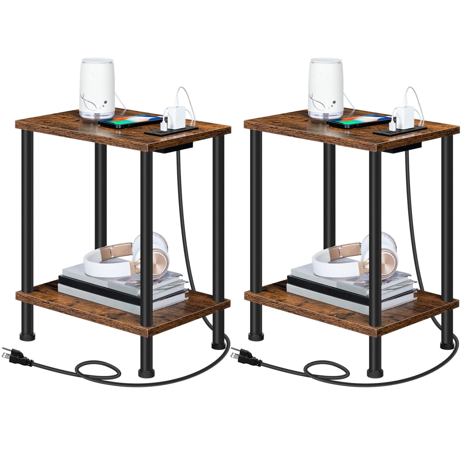 HOOBRO Set of 2 Side Tables with Charging Station and Storage Shelves for Small Spaces - Rustic Brown