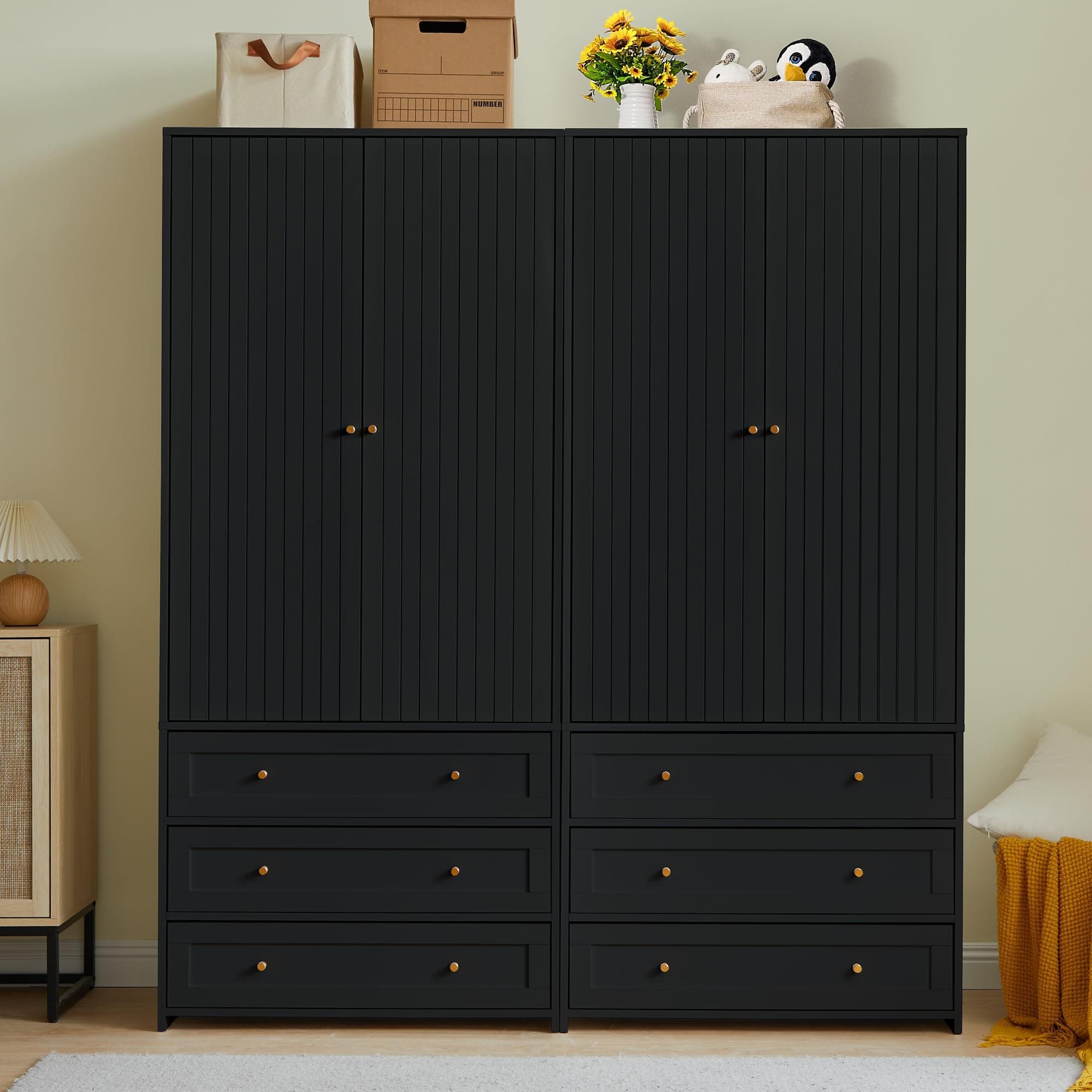 71" Wooden Wardrobe Armoire with 4 Doors & 6 Drawers for Bedroom Storage