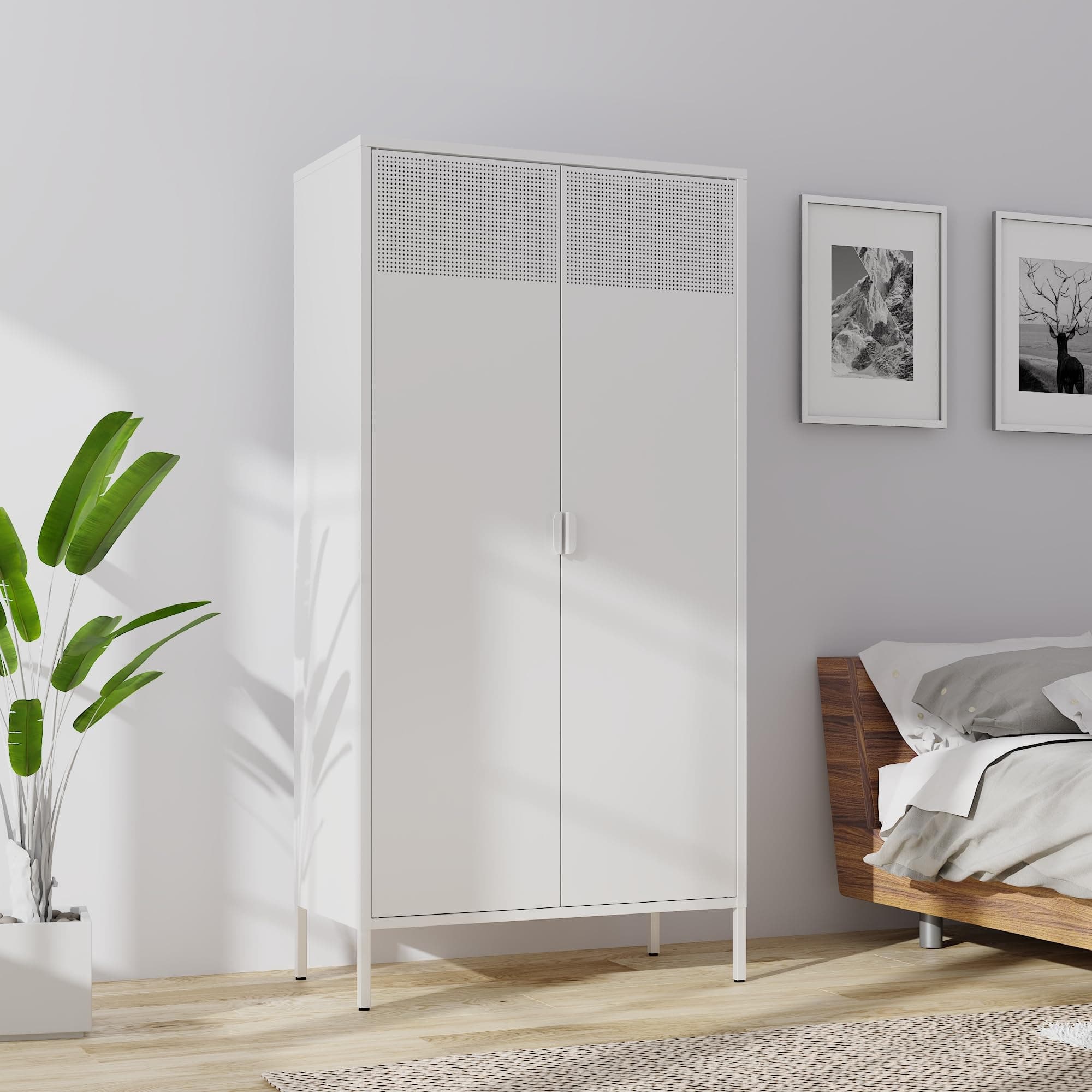 White Metal Storage Wardrobe 71''H with Rod & Adjustable Shelves for Home Office School Gym