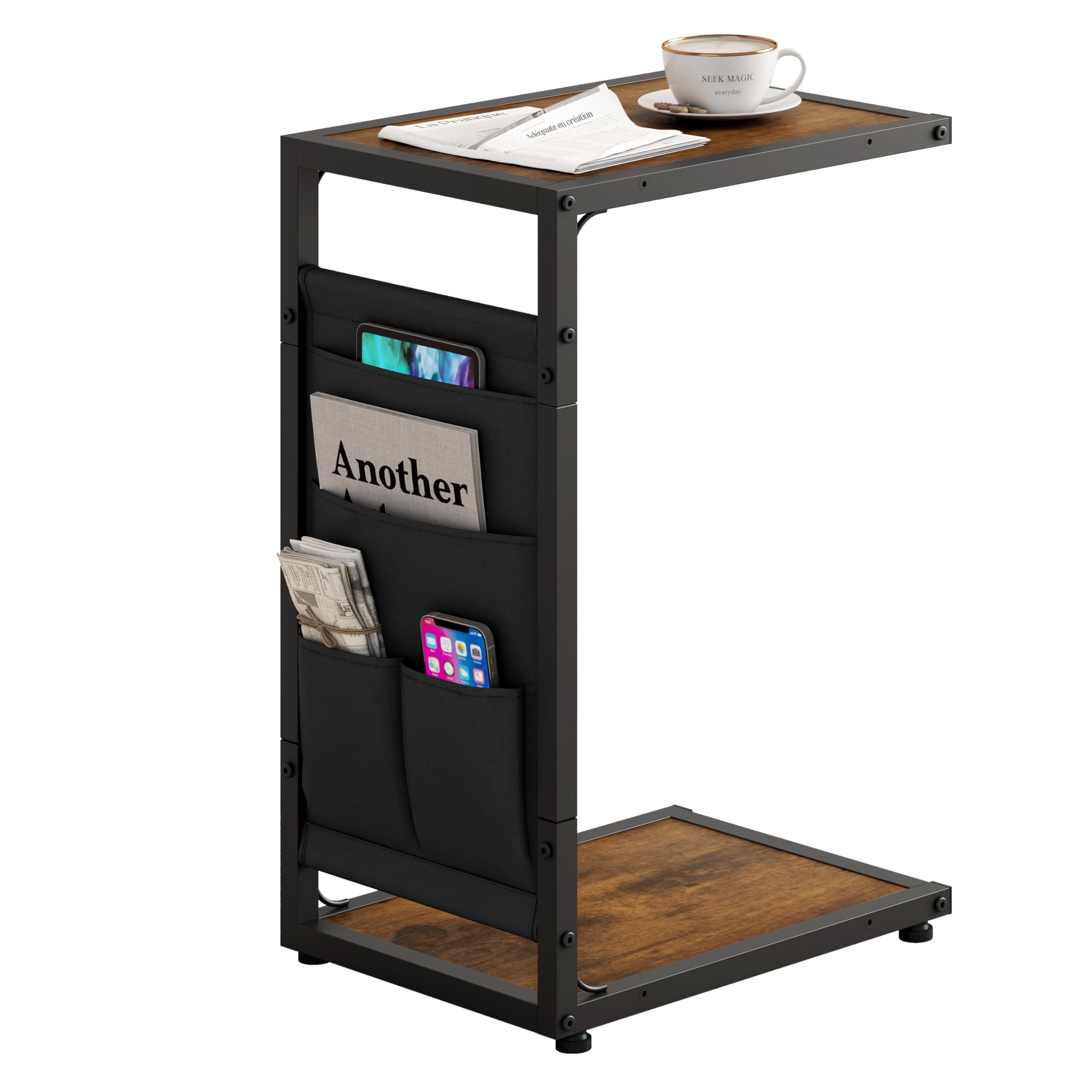 C Shaped End Table for Couch with Storage Shelf and Bag