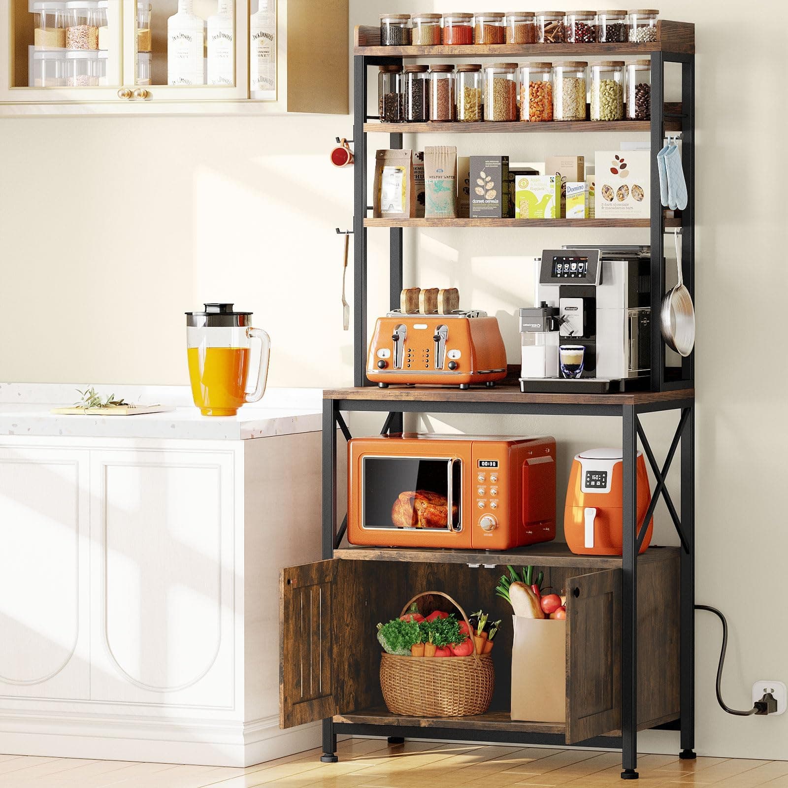 EasyCom 6-Tier Microwave Bakers Rack with Power Outlet & Storage Cabinet