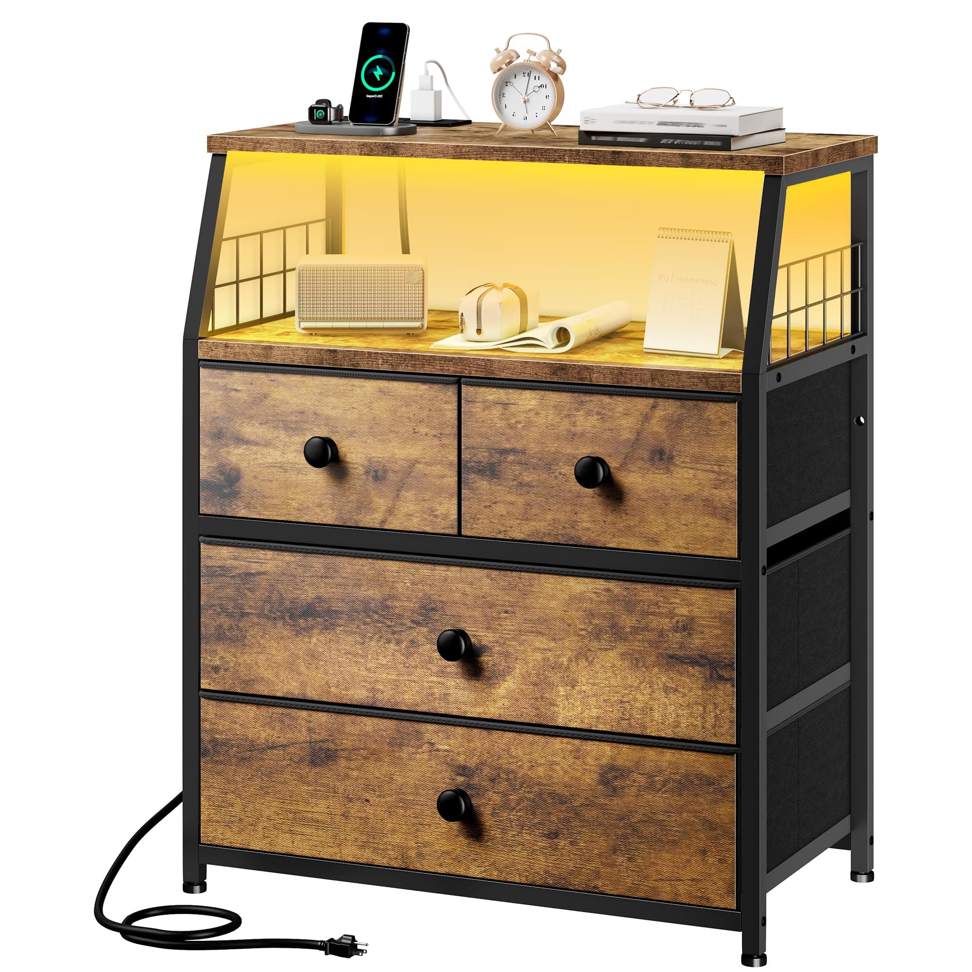 EnHomee Rustic Brown Nightstand with Charging & LED Lights, 4 Drawer Bedside Table, Wood Shelf, 2 USB Ports
