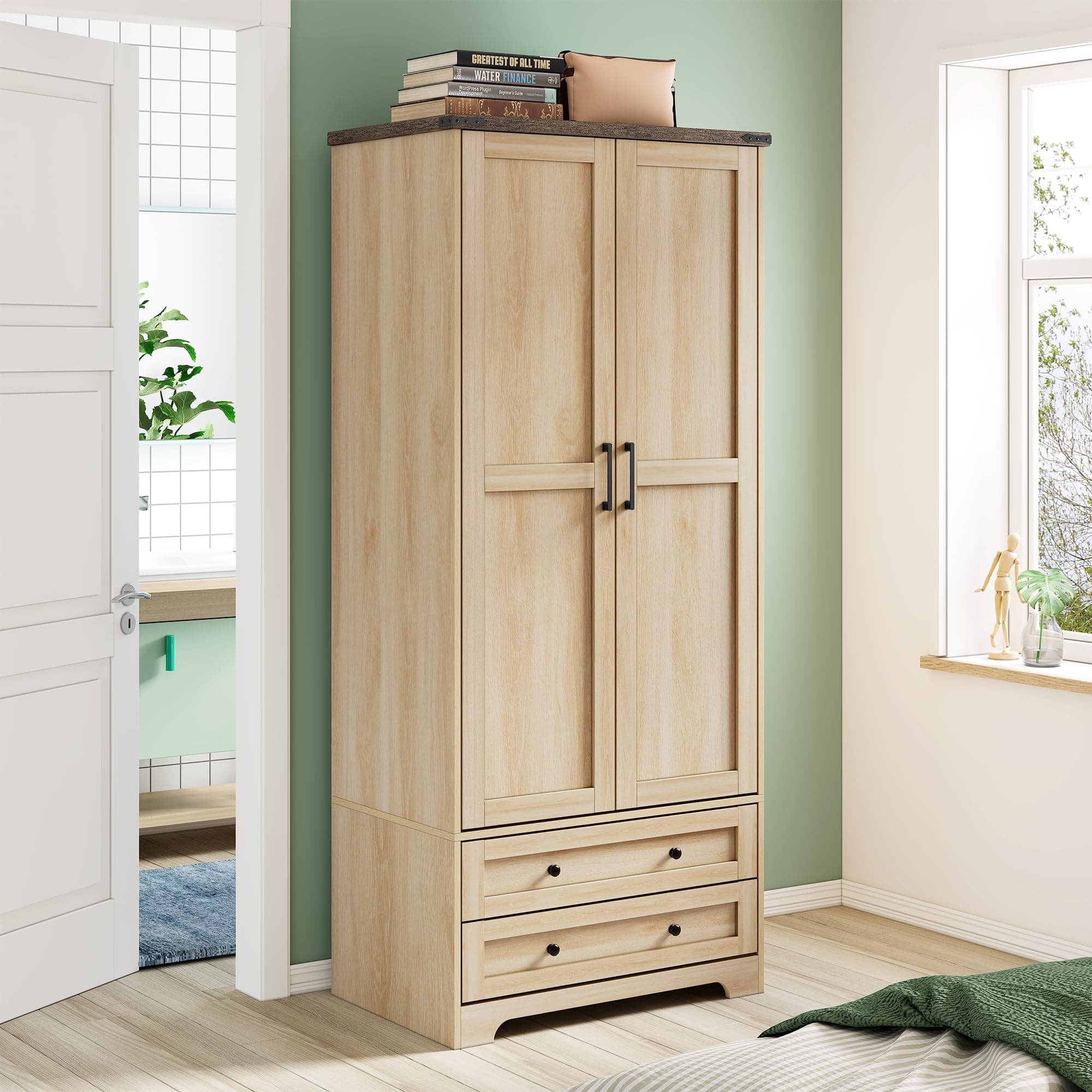 Yechen 71" Natural Wooden Storage Armoire with Adjustable Shelves & Hanging Rail