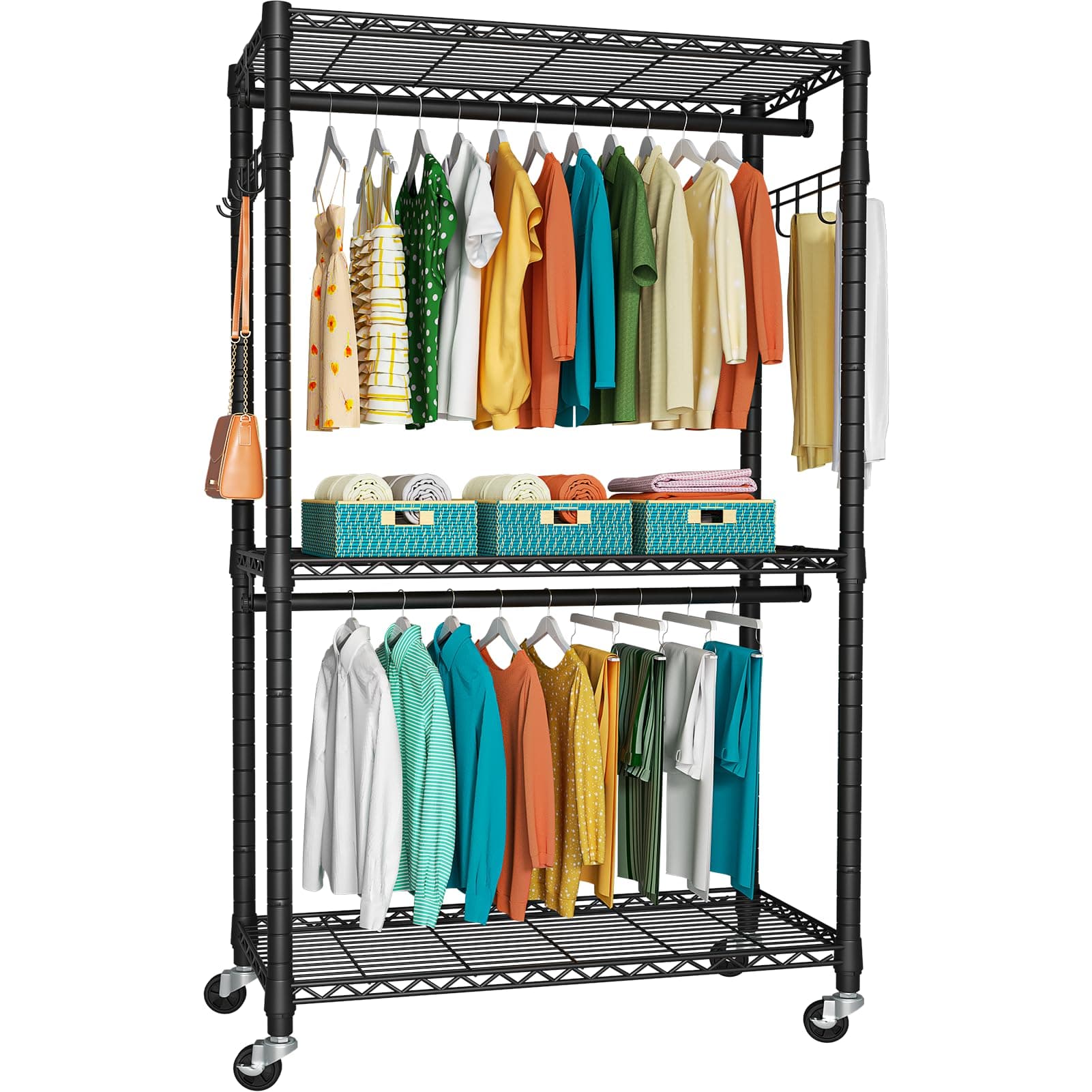 Heavy Duty 3-Tier Metal Closet Organizer, Rolling with Lock & Hooks, Max 450 LBS, Black