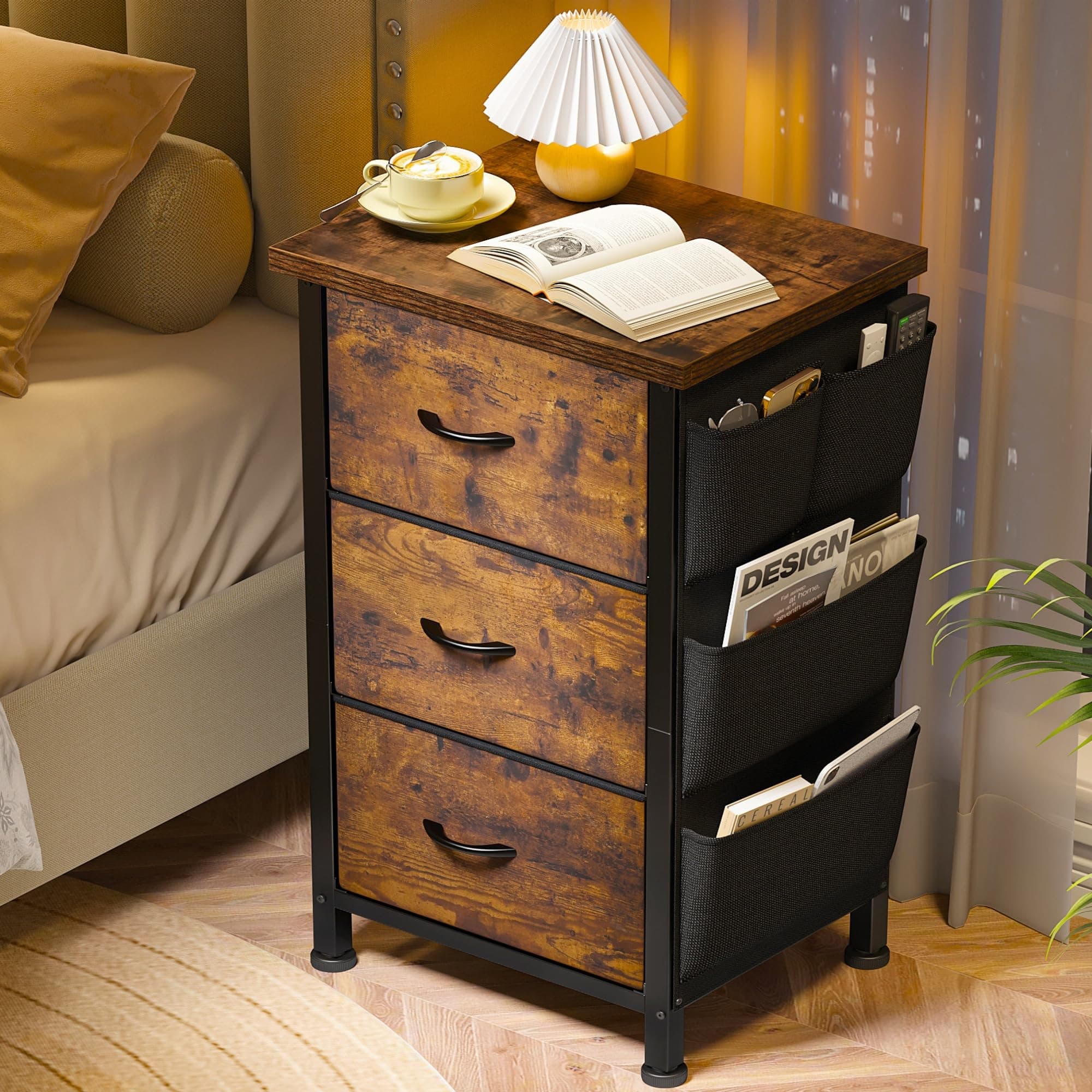 Rustic Brown Night Stand with 3 Drawers & Removable Pockets