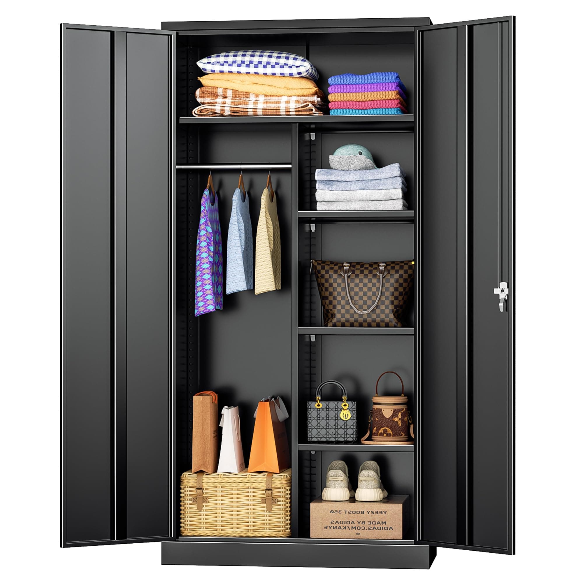 Intergreat Lockable Metal Storage Cabinet, Black Wardrobe with Adjustable Shelves
