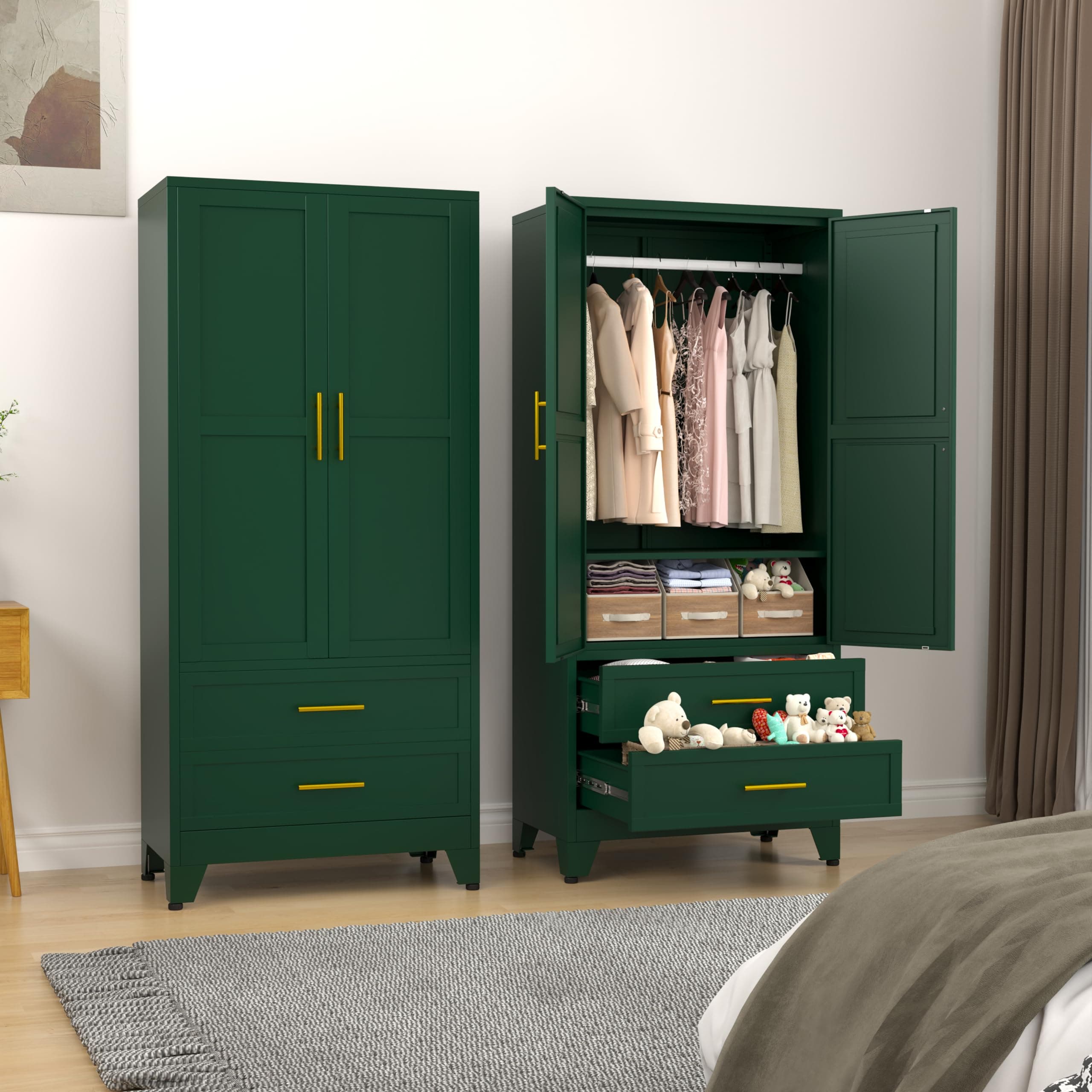 Green Metal Armoire Wardrobe with Shelves and Rod (71")