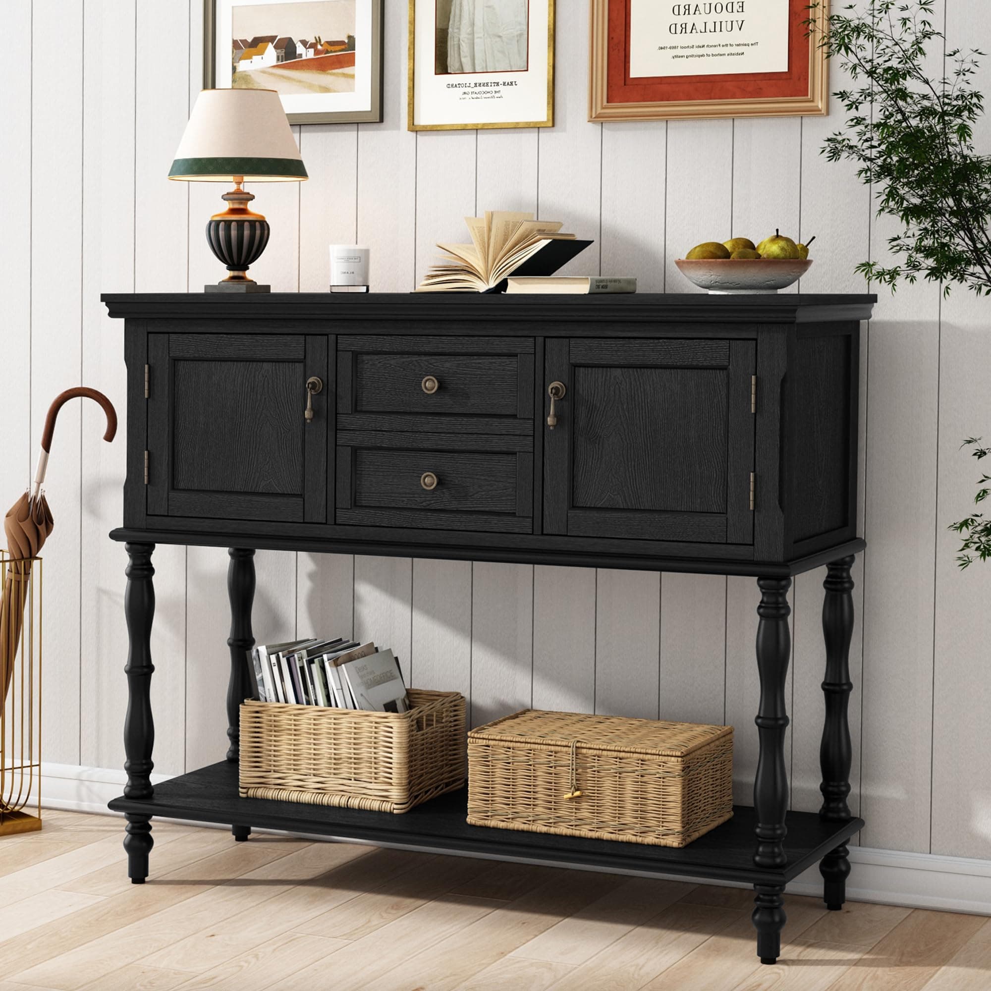 Black Retro ARTPOWER Console Table with 2 Drawers & Cabinets