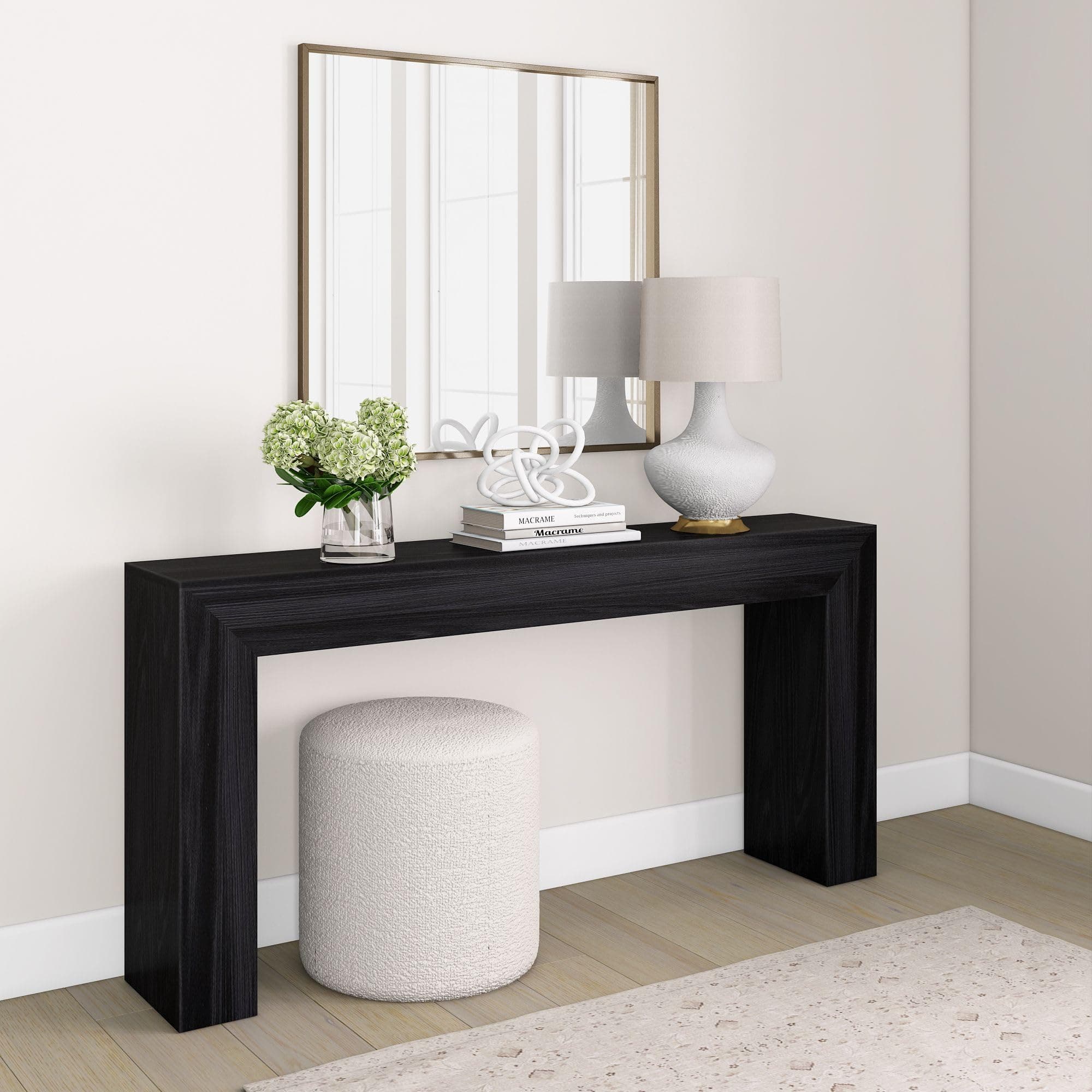 Plank+Beam Grand Console Table, 66 Inch Modern Solid Wood, Black Wirebrush