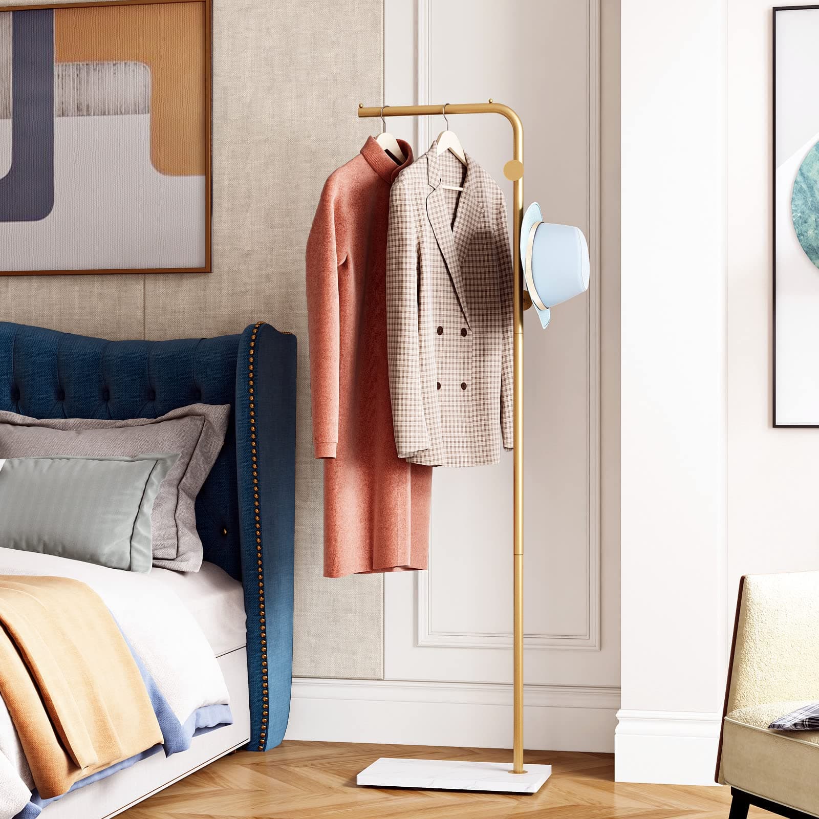 DR.IRON Modern Gold Freestanding Coat Tree with Marble Base & Umbrella Hanger