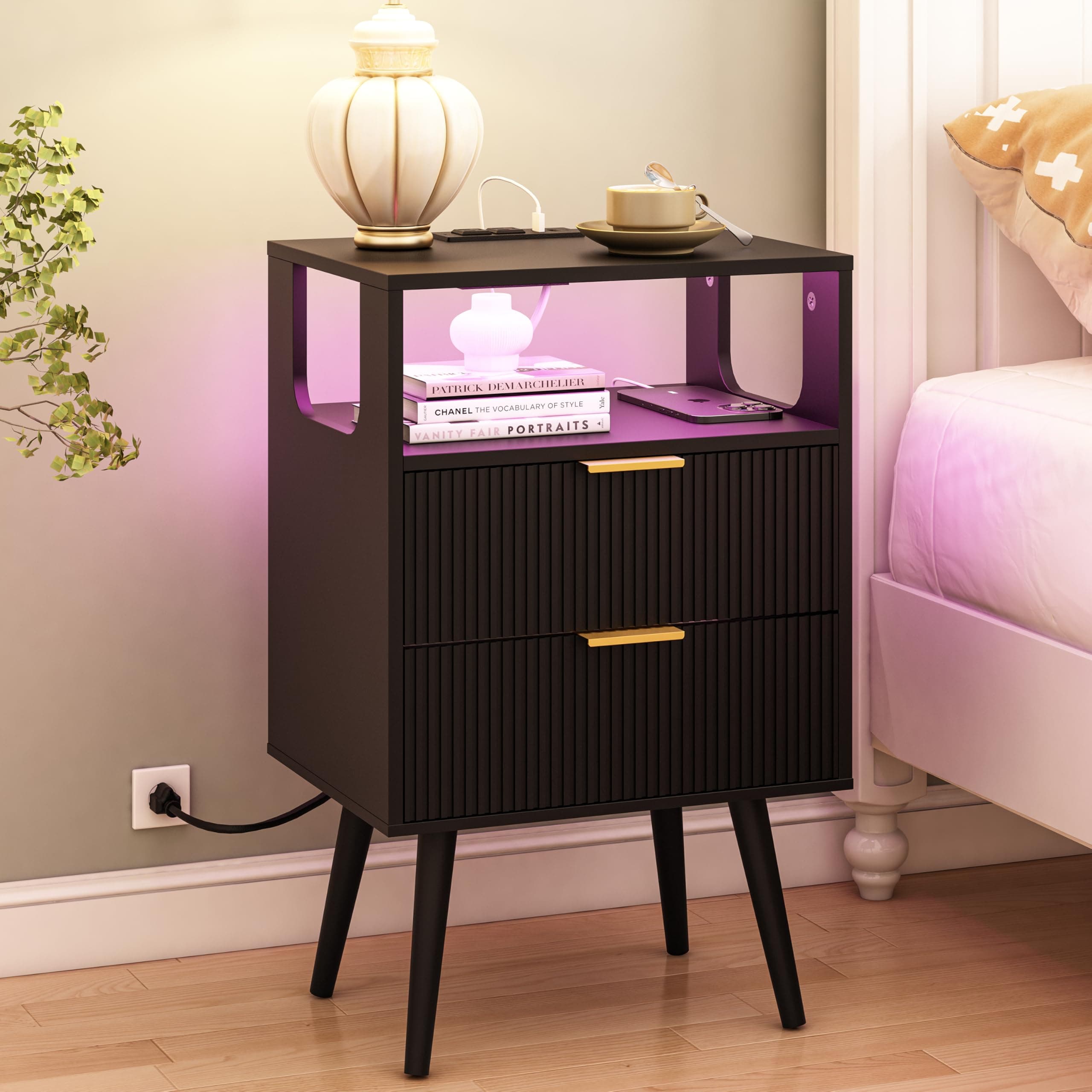 Modern Black Nightstand with Charging and LED Lights, 2 Drawers and Shelf