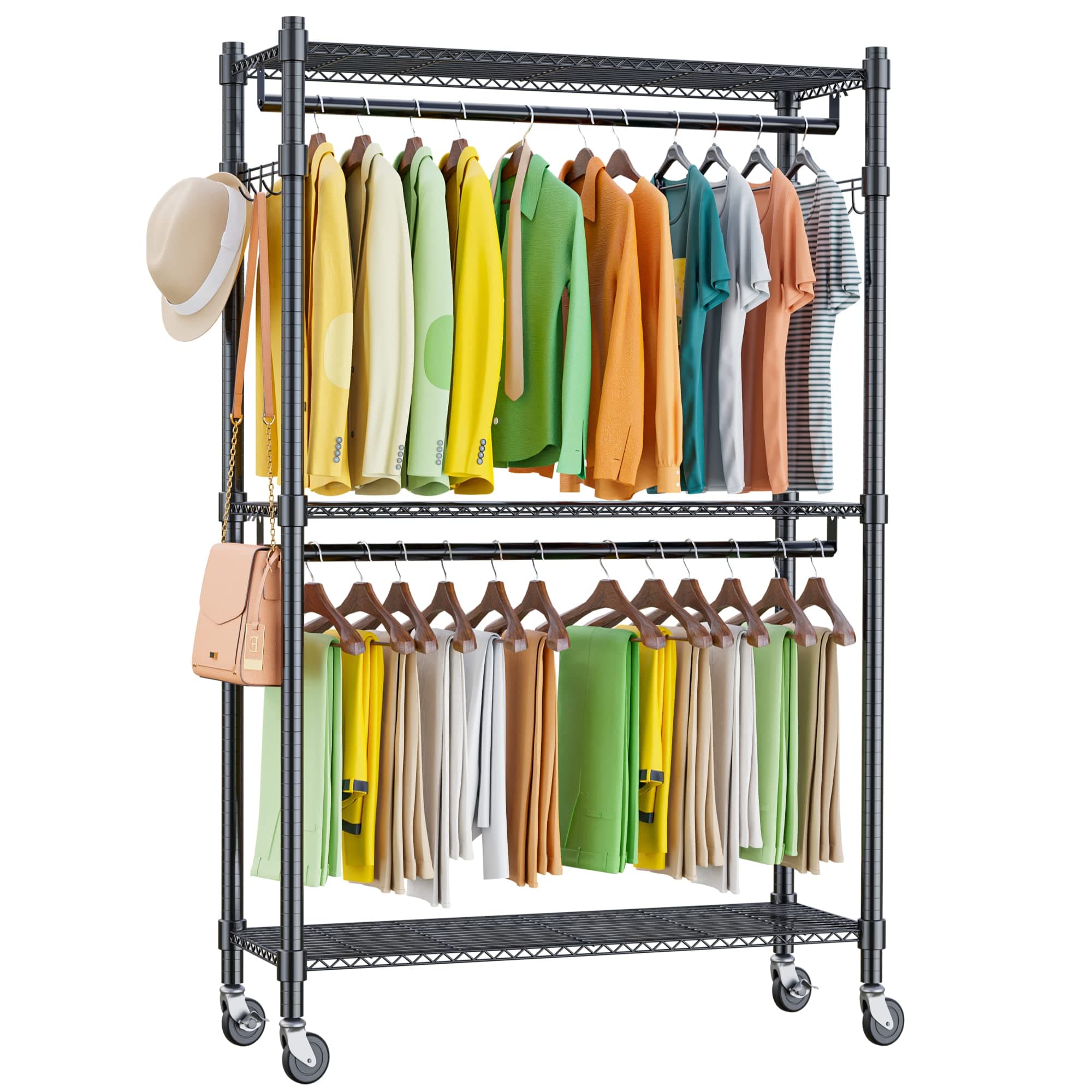 Homdox Heavy Duty Rolling Clothing Rack with Shelves and Side Hooks