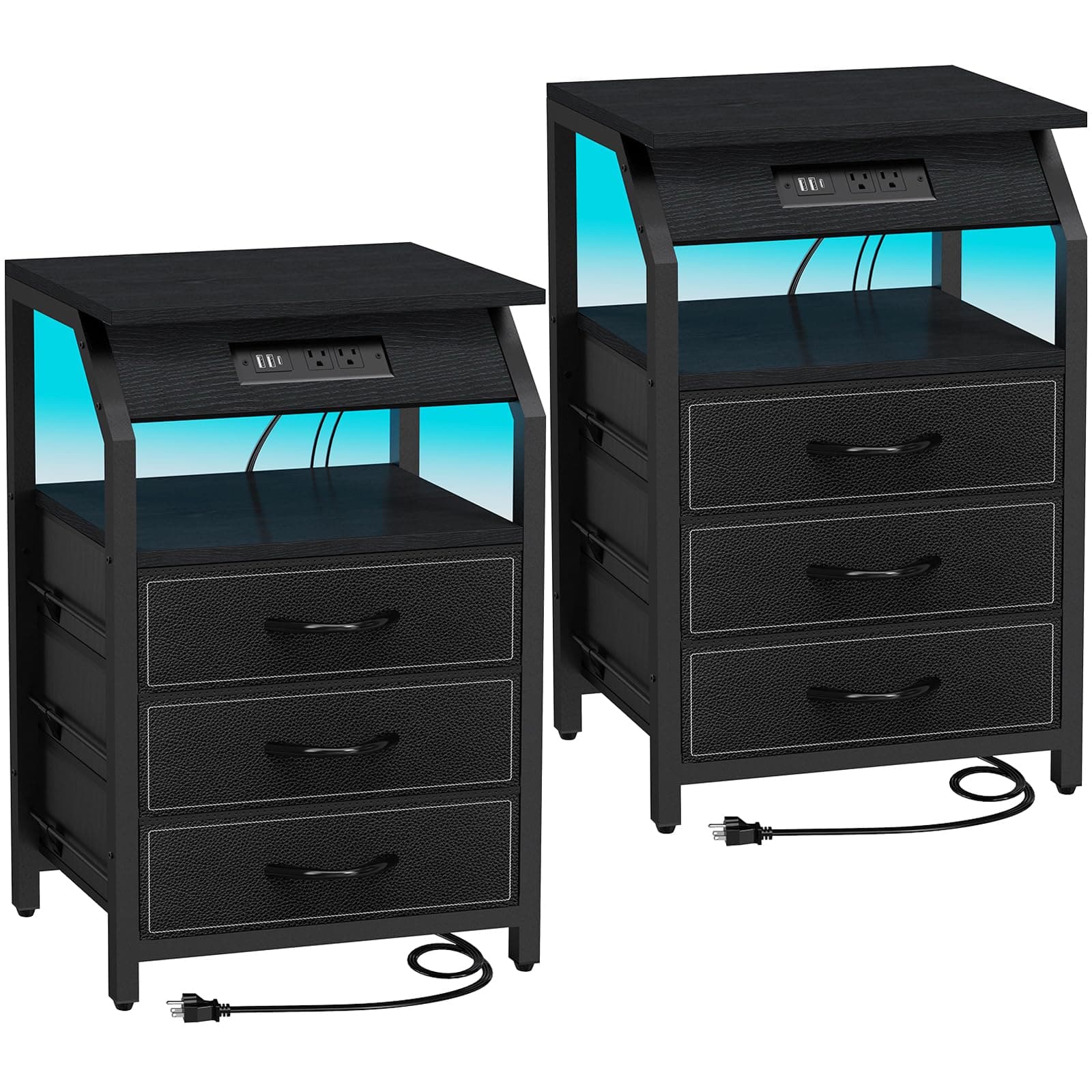 Modern Black End Tables Set of 2 with Charging & LED Lights & 3 Drawers