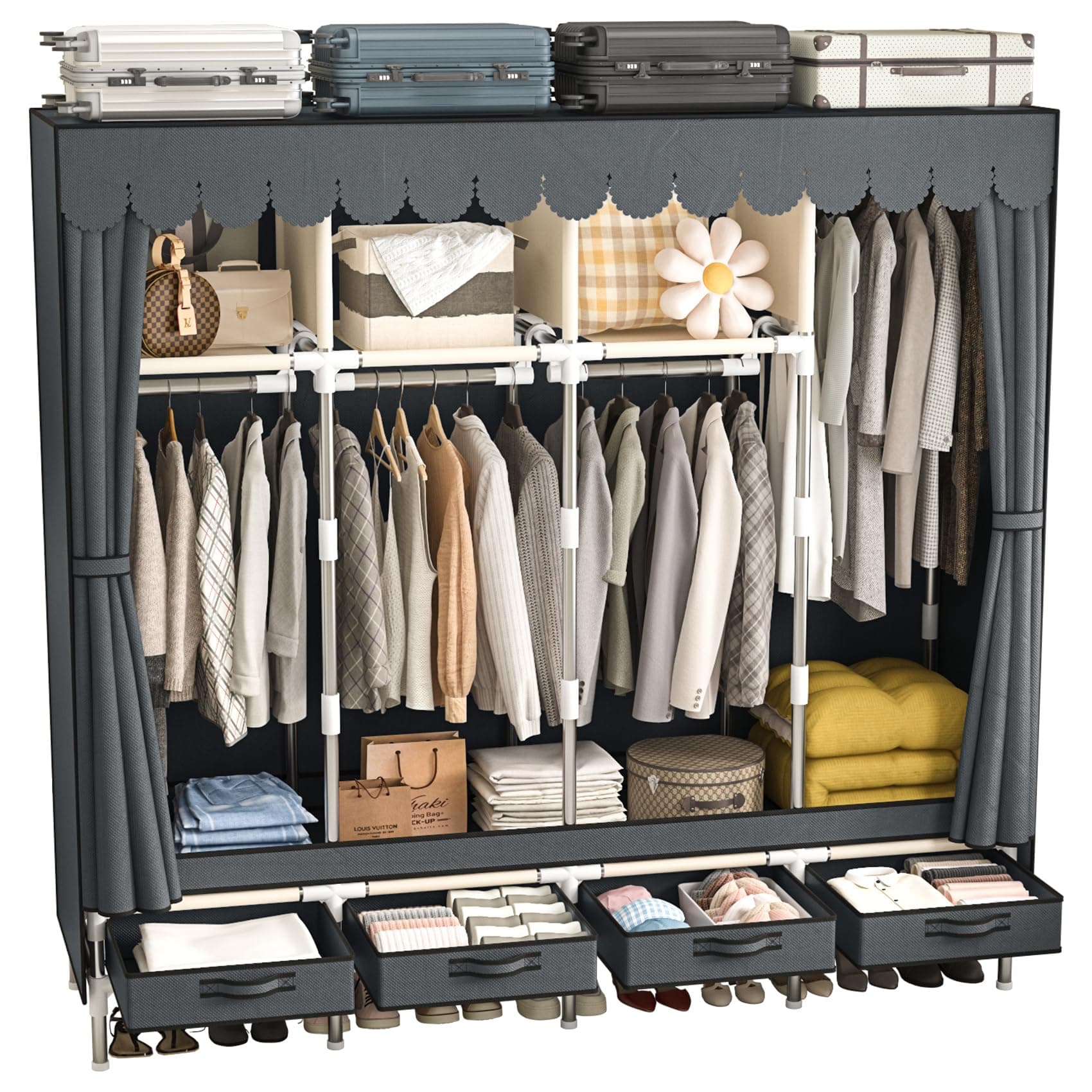 Large Grey Metal Closet with 4 Hanging Rods & Drawers, Non-Woven Dust Cover, 66.93in High, Bedroom Storage