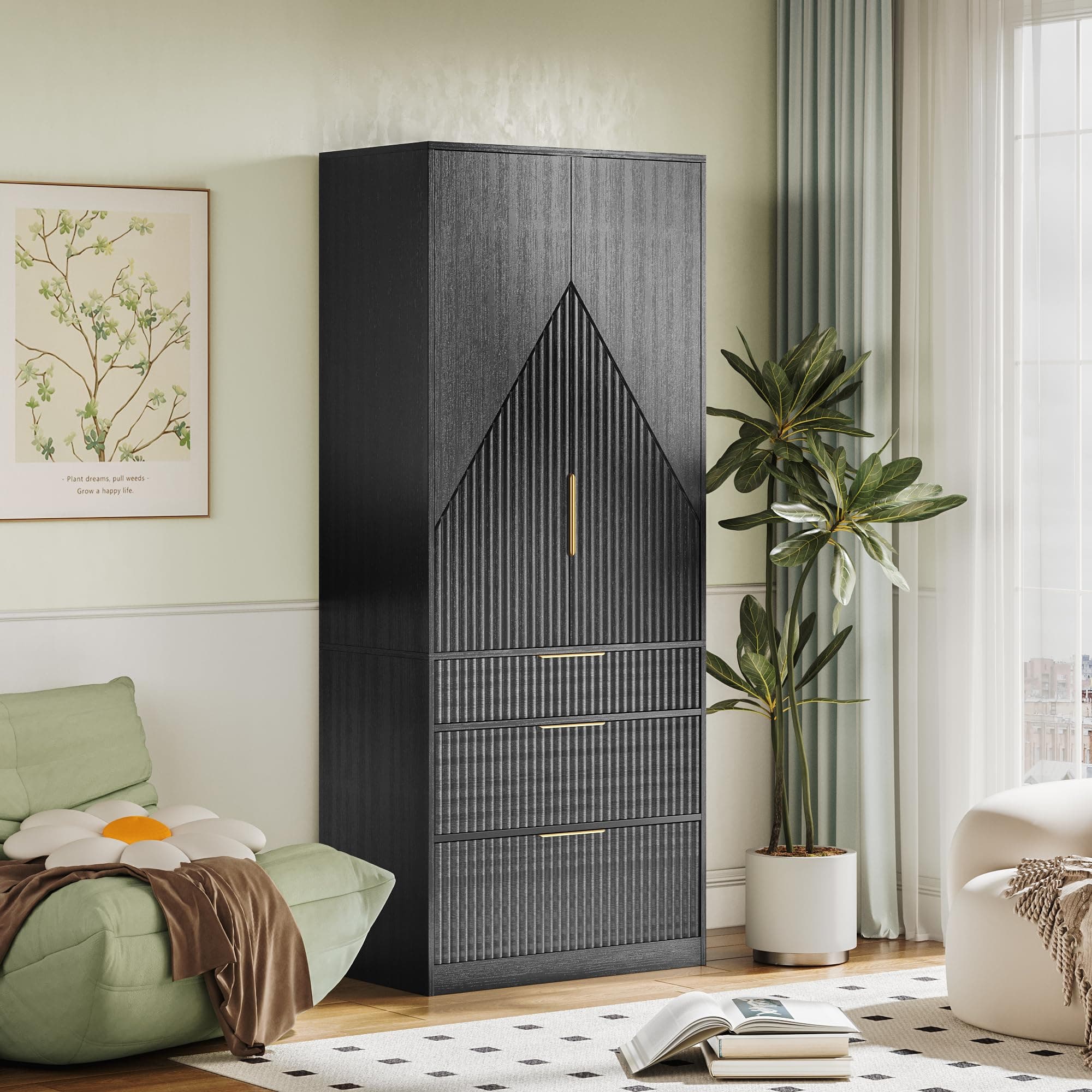 71.7" Black Freestanding Wooden Wardrobe Armoire with 2 Doors 3 Drawers